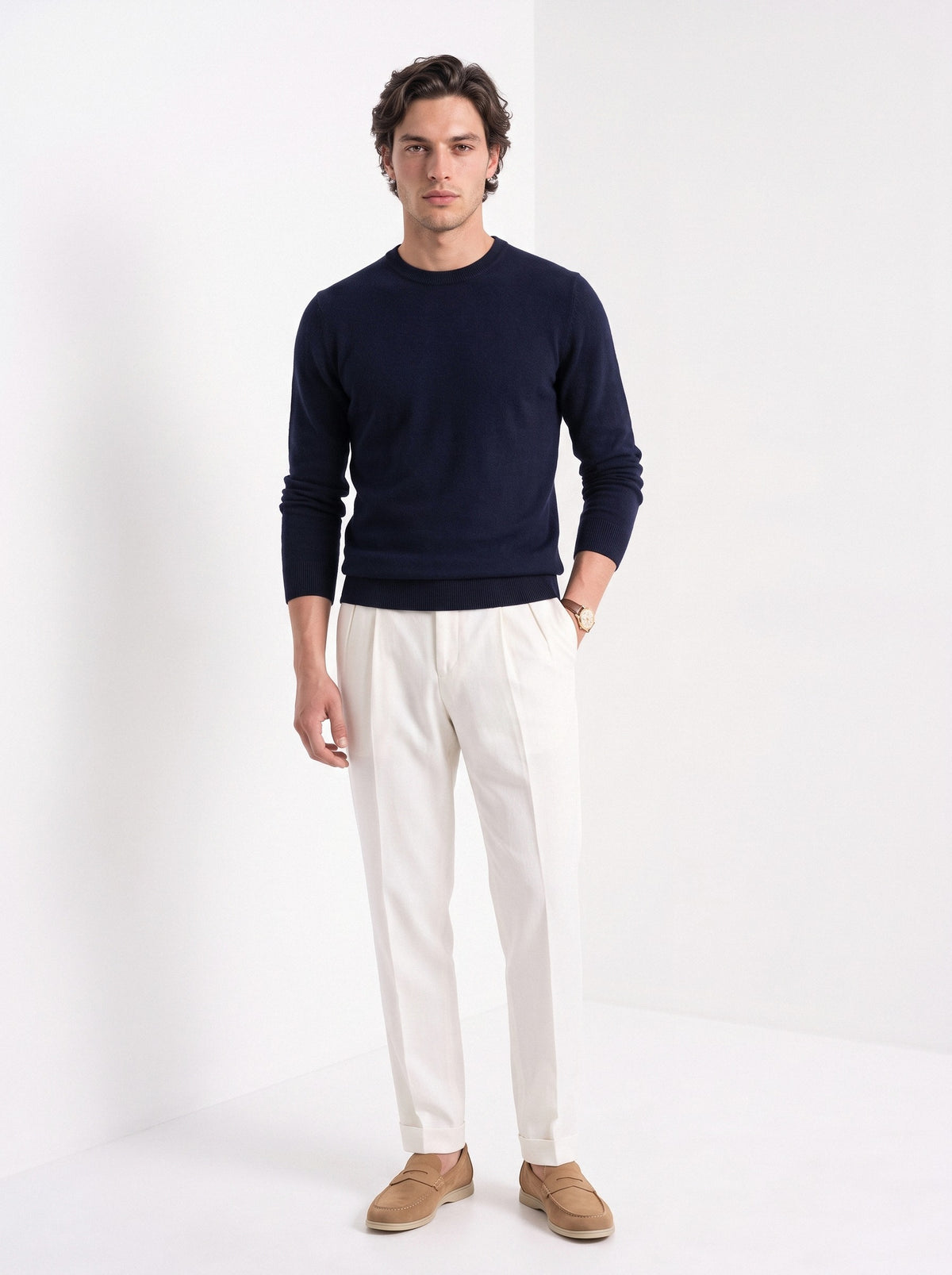 BLENIN men's 100% wool crew neck sweater in navy, full-length front view