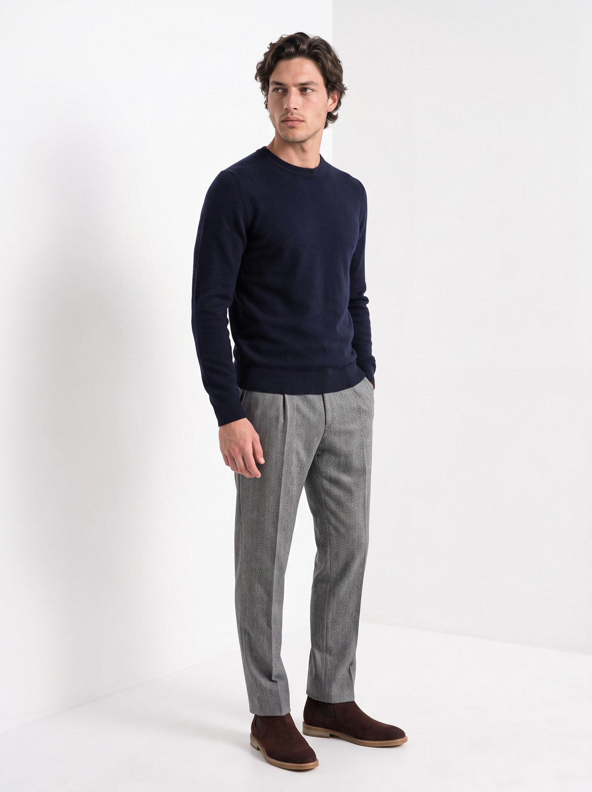 BLENIN men's 100% wool crew neck sweater in navy, three-quarter view