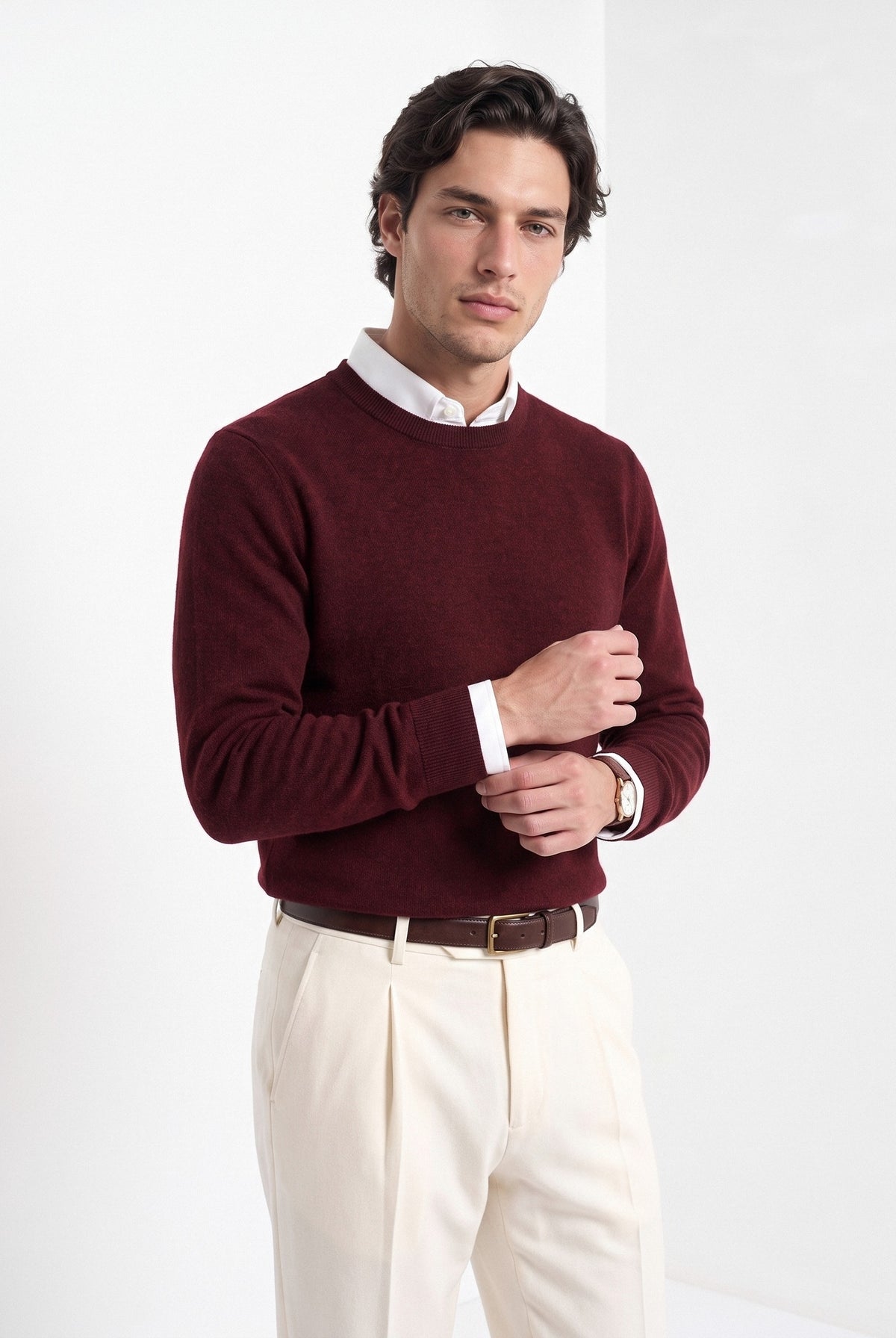 BLENIN men's 100% wool crew neck sweater in burgundy, front portrait