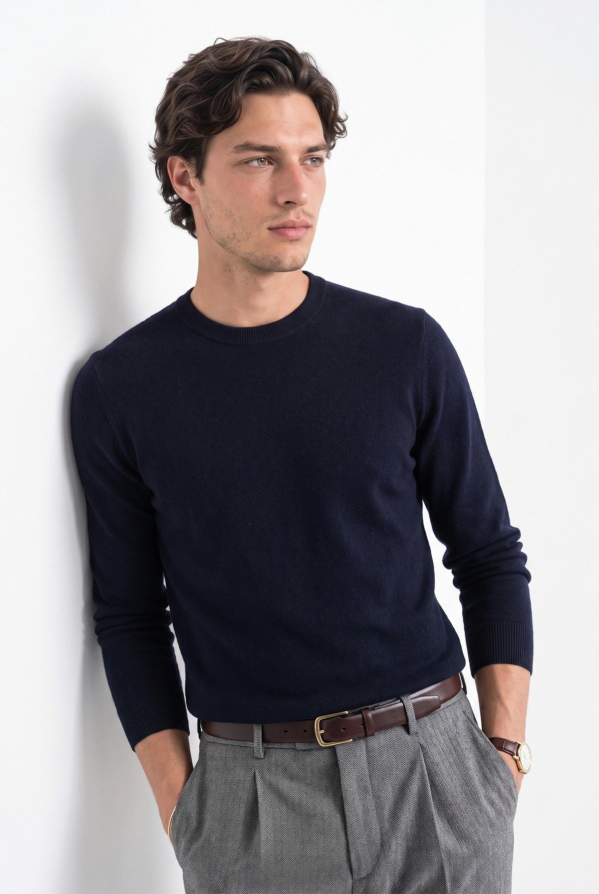 BLENIN men's 100% wool crew neck sweater in navy, front portrait