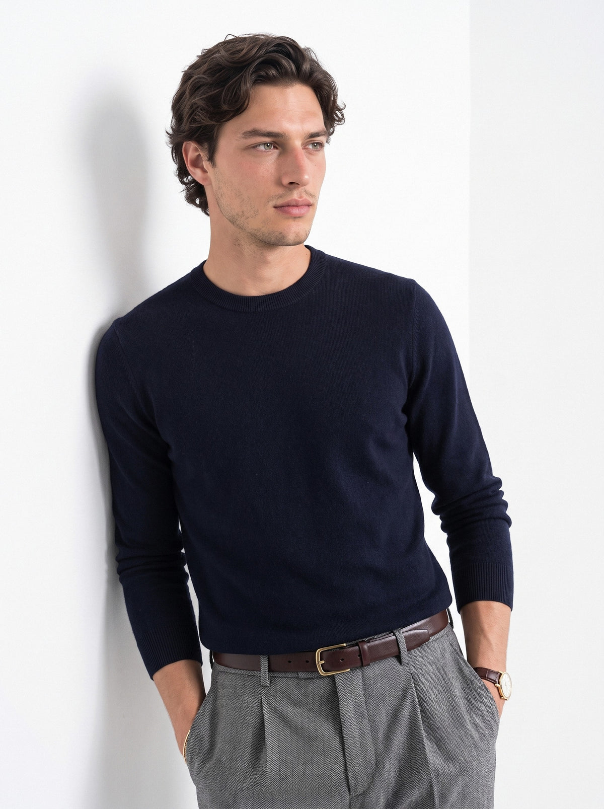 BLENIN men's 100% wool crew neck sweater in navy, front portrait