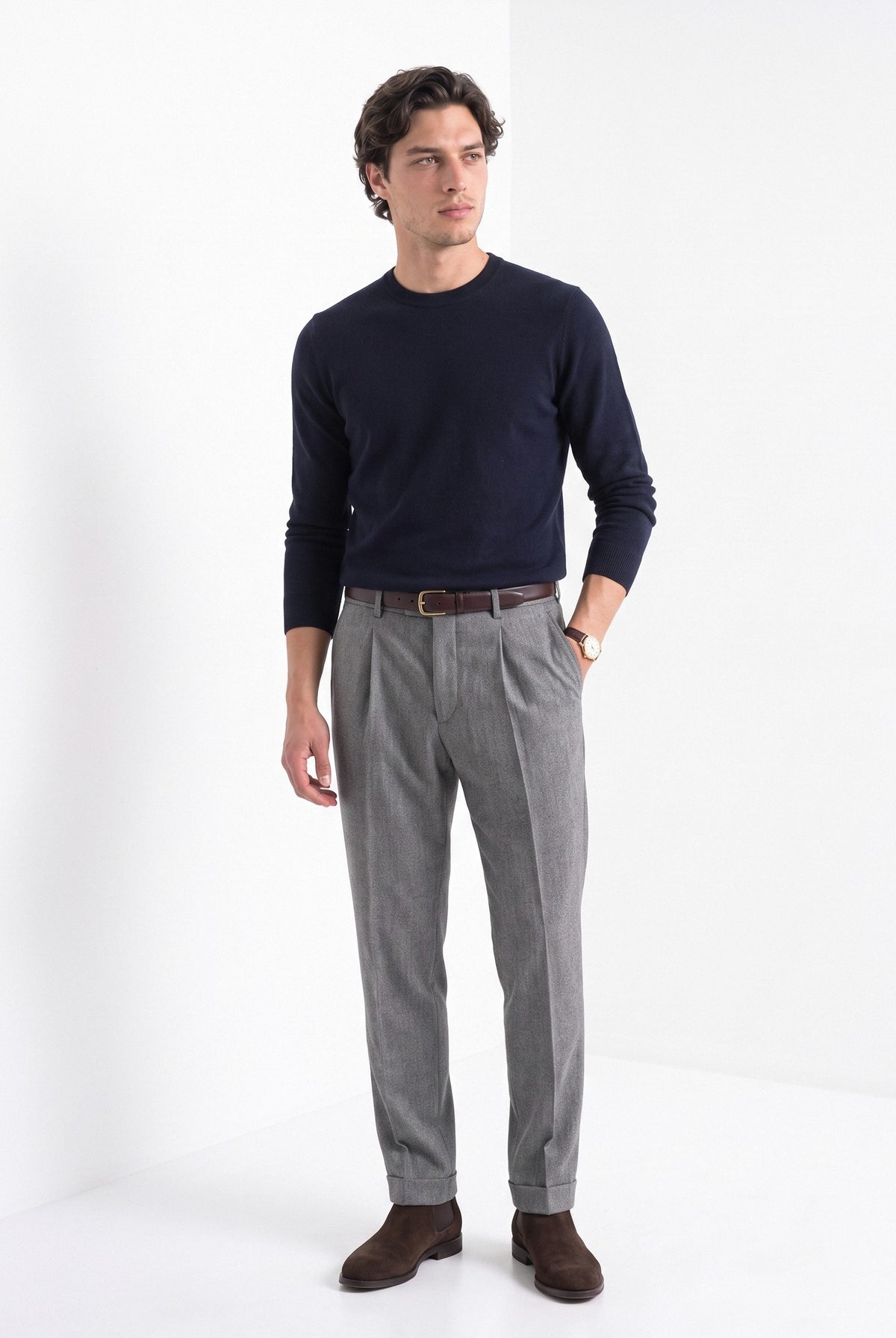 BLENIN men's 100% wool crew neck sweater in navy, full-length look