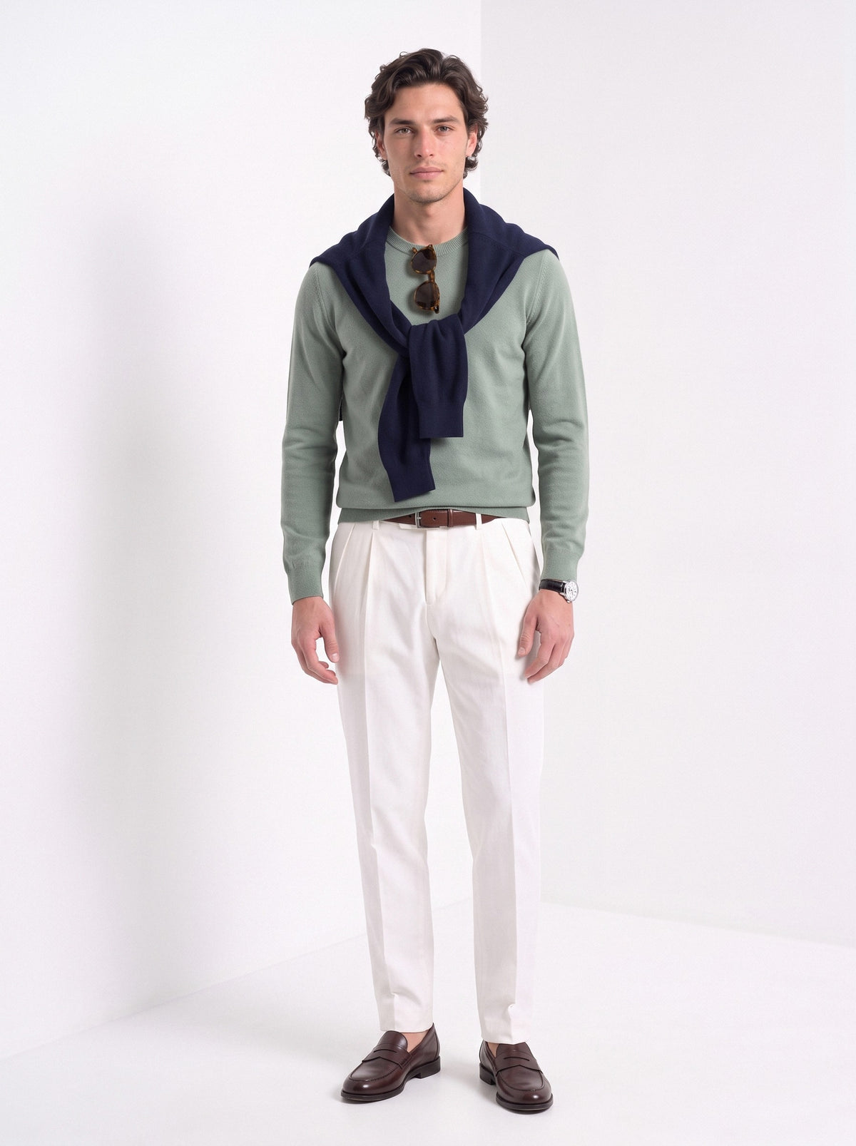 BLENIN men's 100% wool crew neck sweater in sage, full-length look