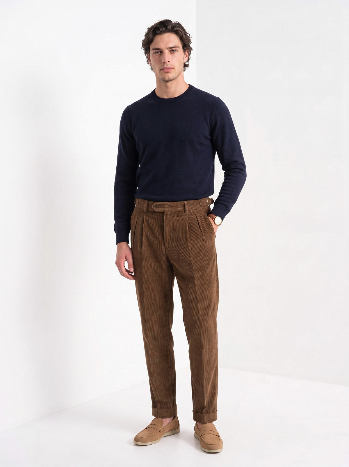 BLENIN men's corduroy pleated trousers in brown, full-length front view