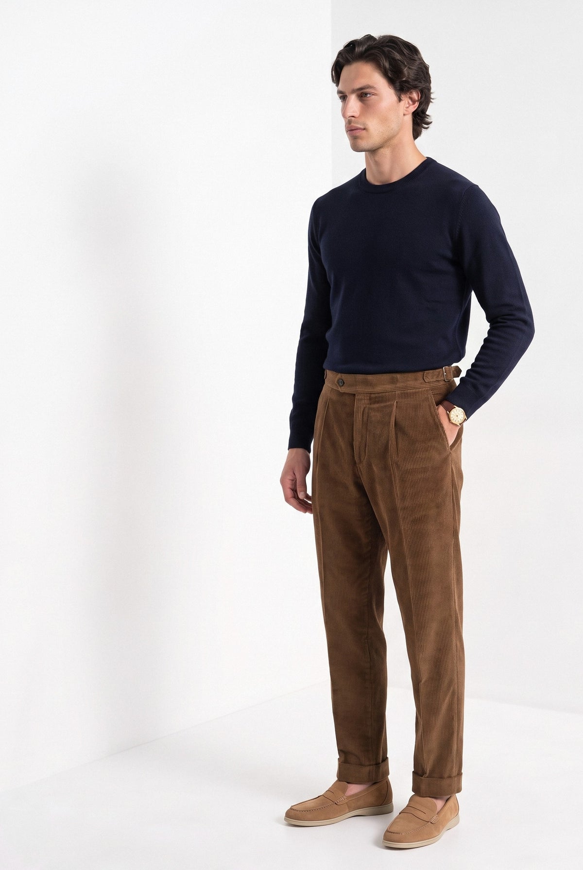 BLENIN men's corduroy pleated trousers in brown, three-quarter view