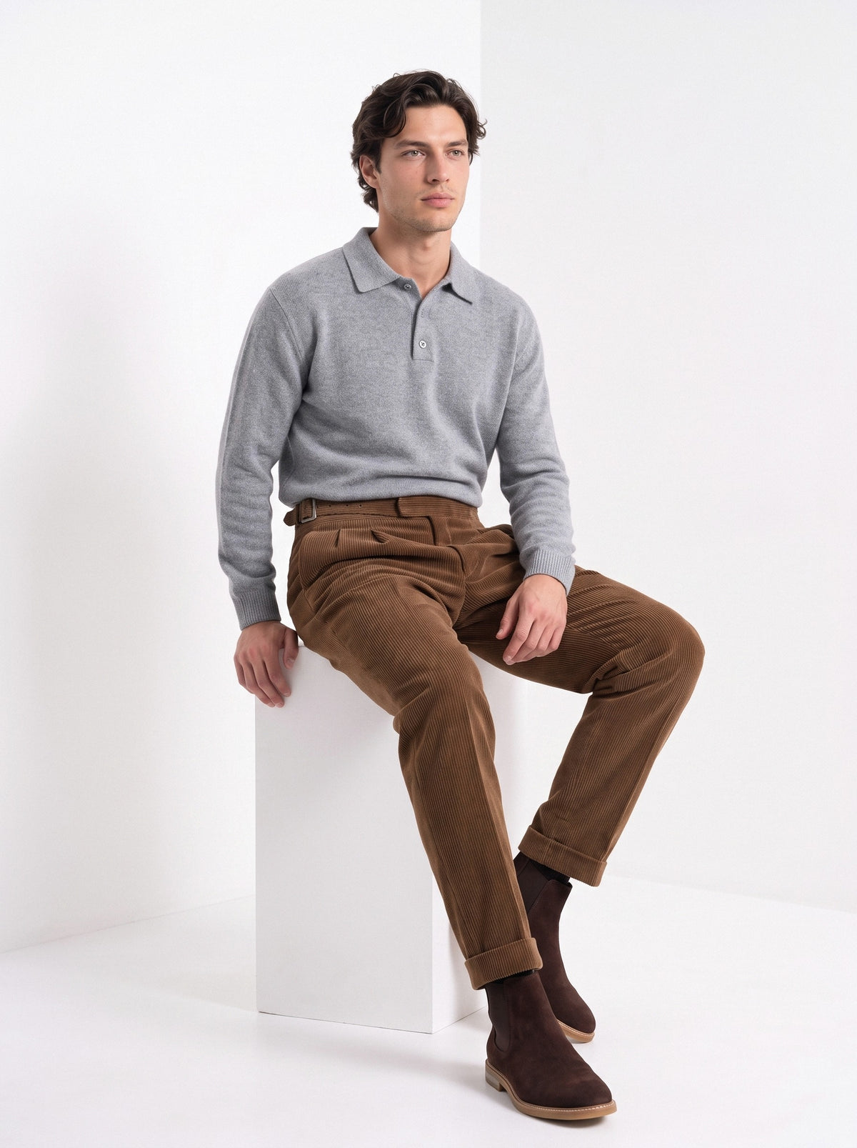BLENIN men's corduroy pleated trousers in brown, seated, full outfit