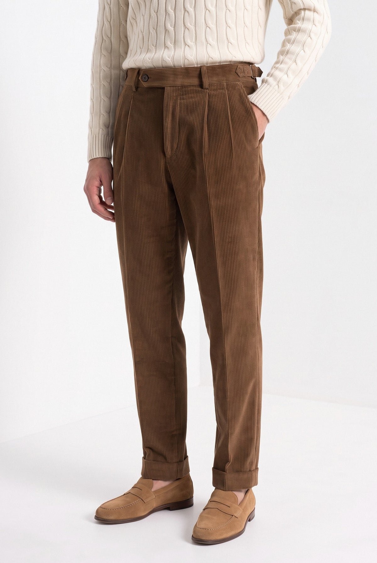 BLENIN men's corduroy pleated trousers in brown, front portrait