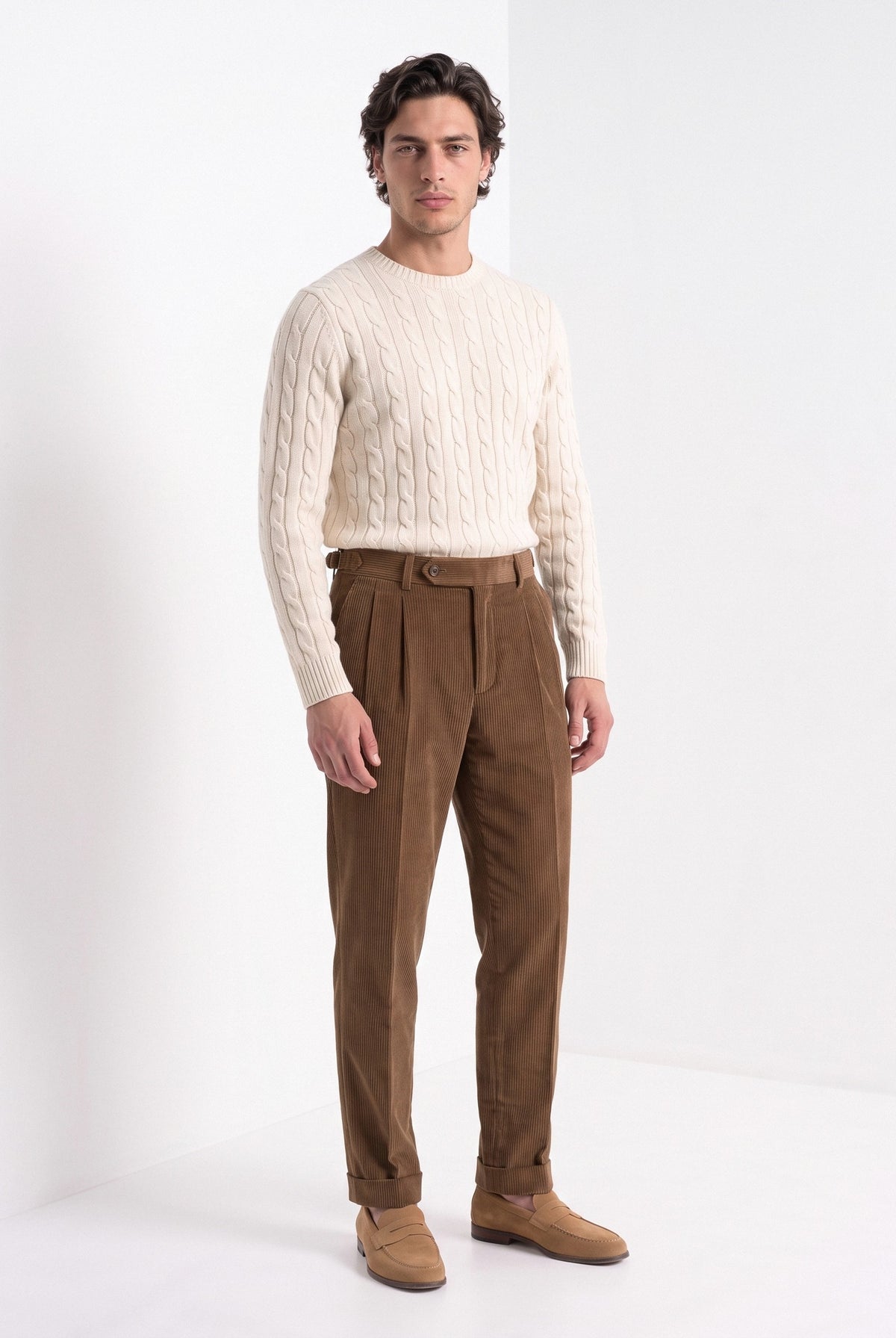 BLENIN men's corduroy pleated trousers in brown, full-length look