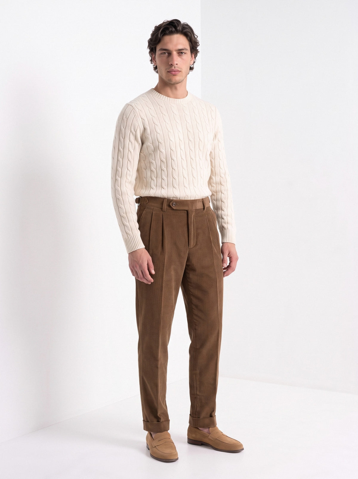 BLENIN men's corduroy pleated trousers in brown, full-length look
