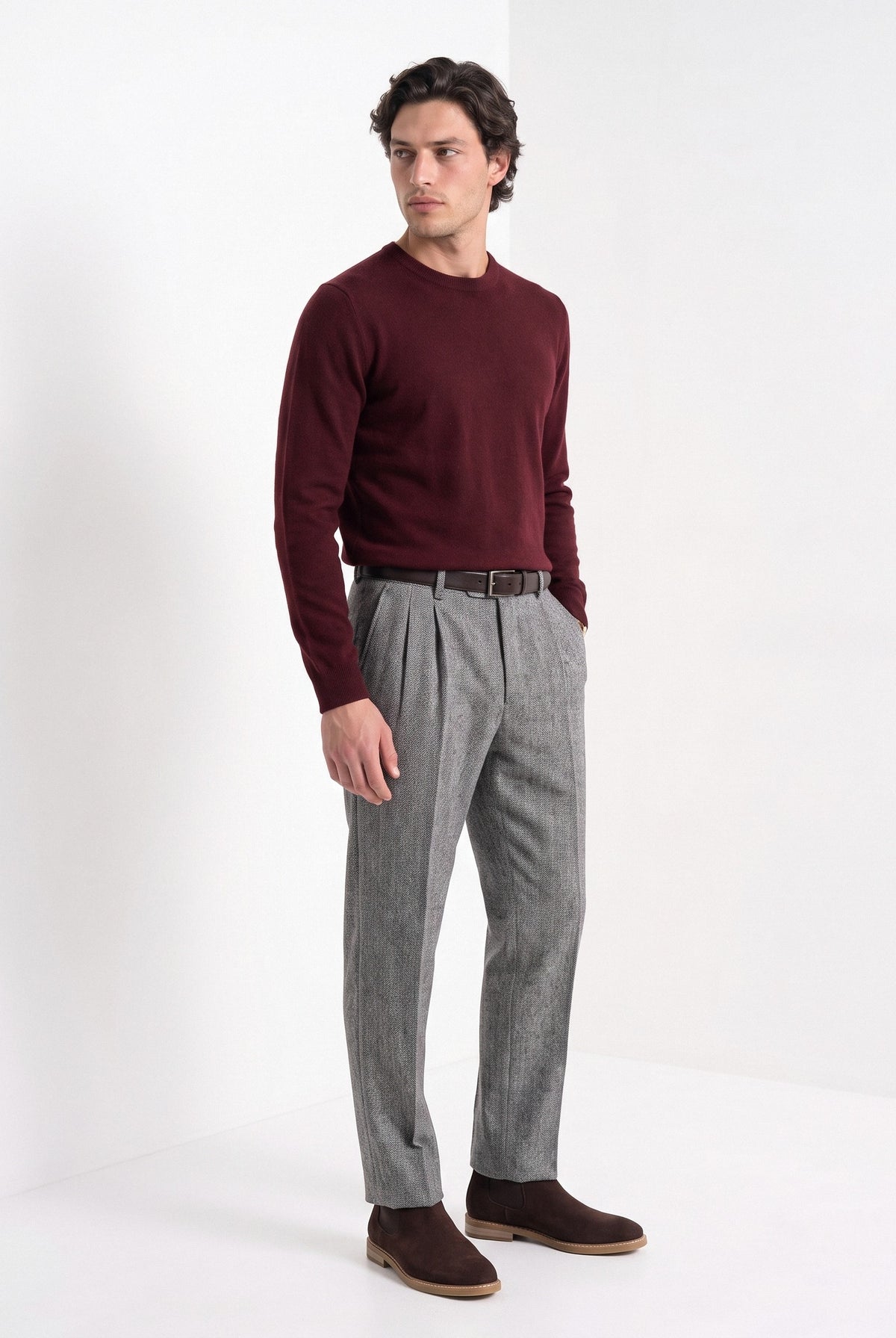BLENIN men's herringbone wool trousers in grey, three-quarter view