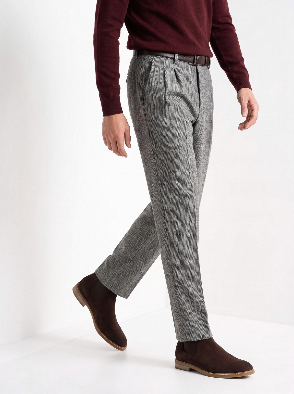 BLENIN men's herringbone wool trousers in grey, styled detail