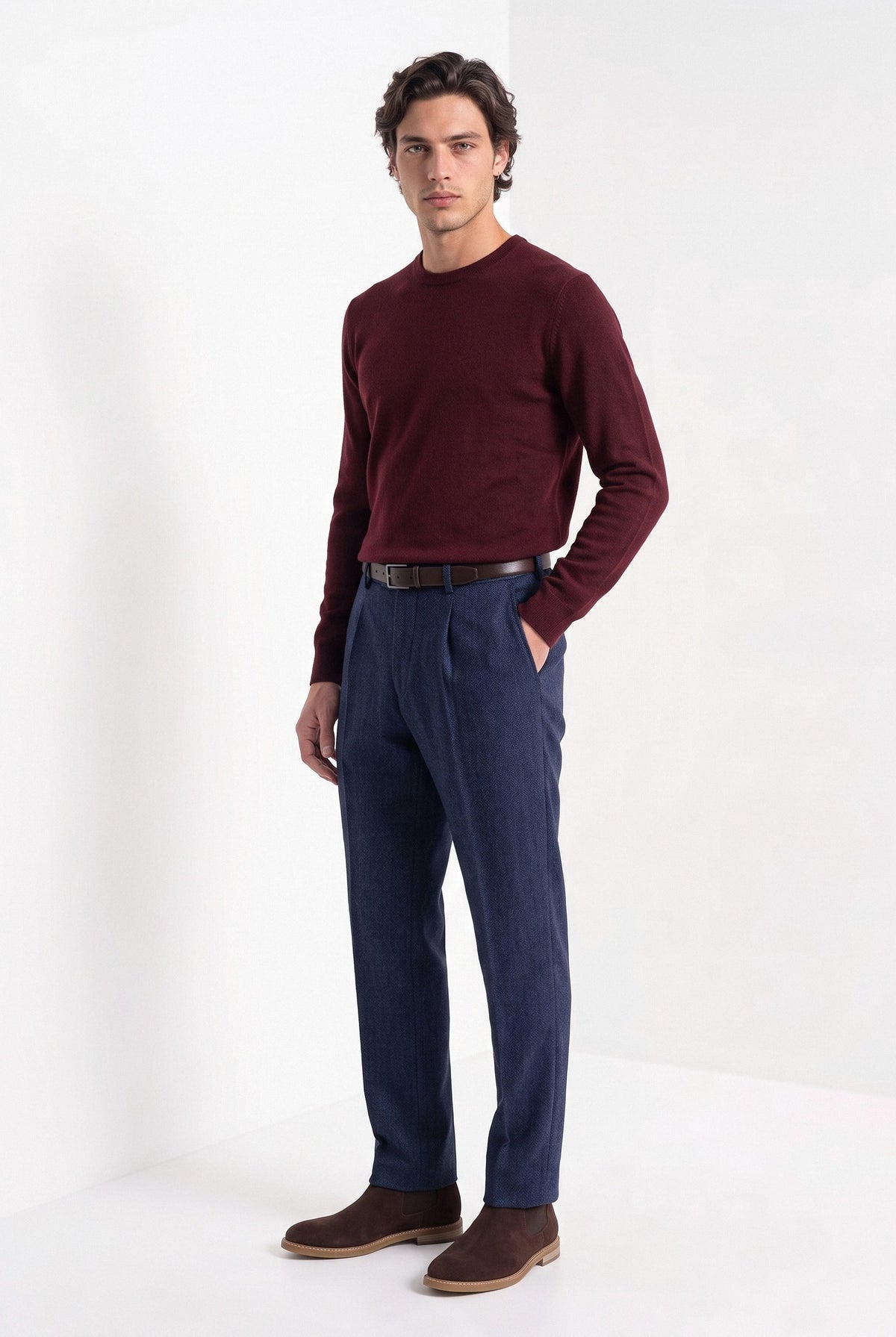 BLENIN men's herringbone wool trousers in navy, full-length front view