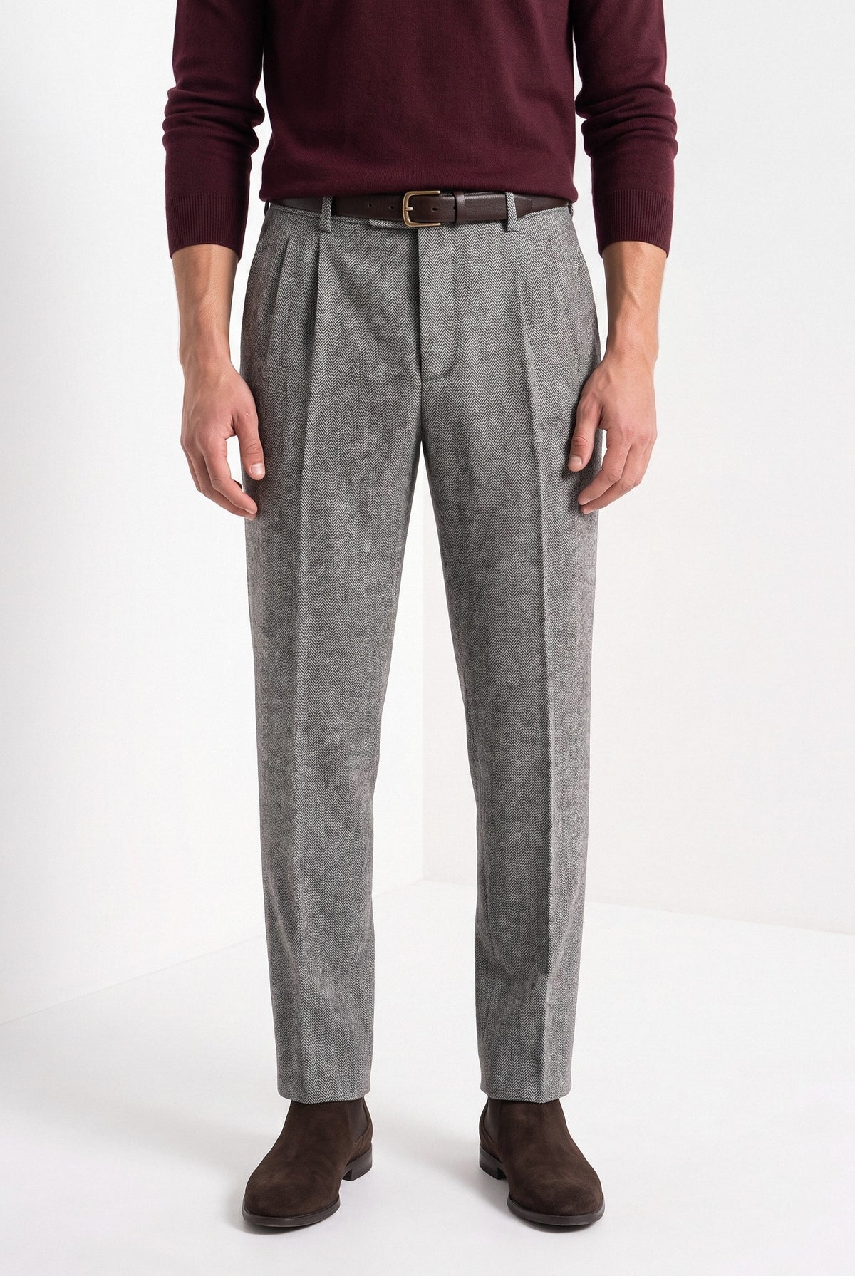BLENIN men's herringbone wool trousers in grey, front portrait