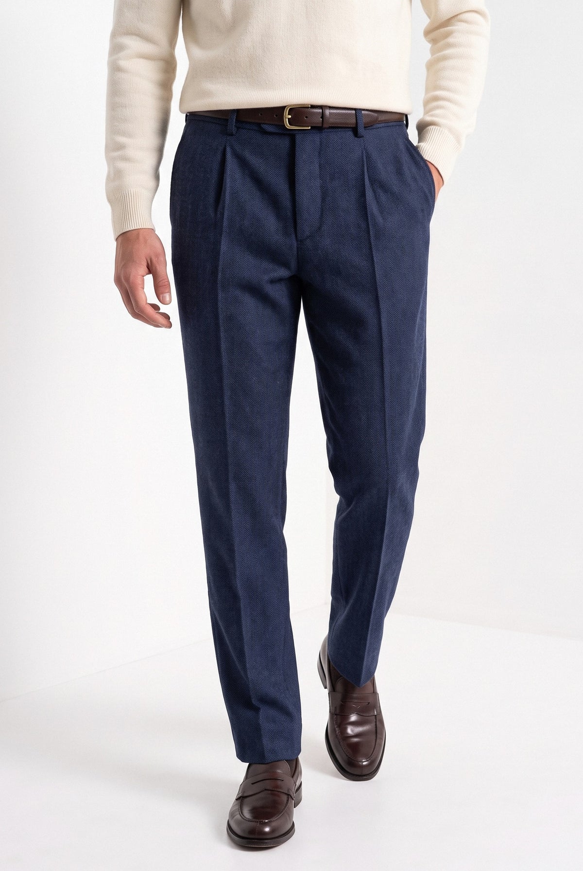 BLENIN men's herringbone wool trousers in navy, front portrait