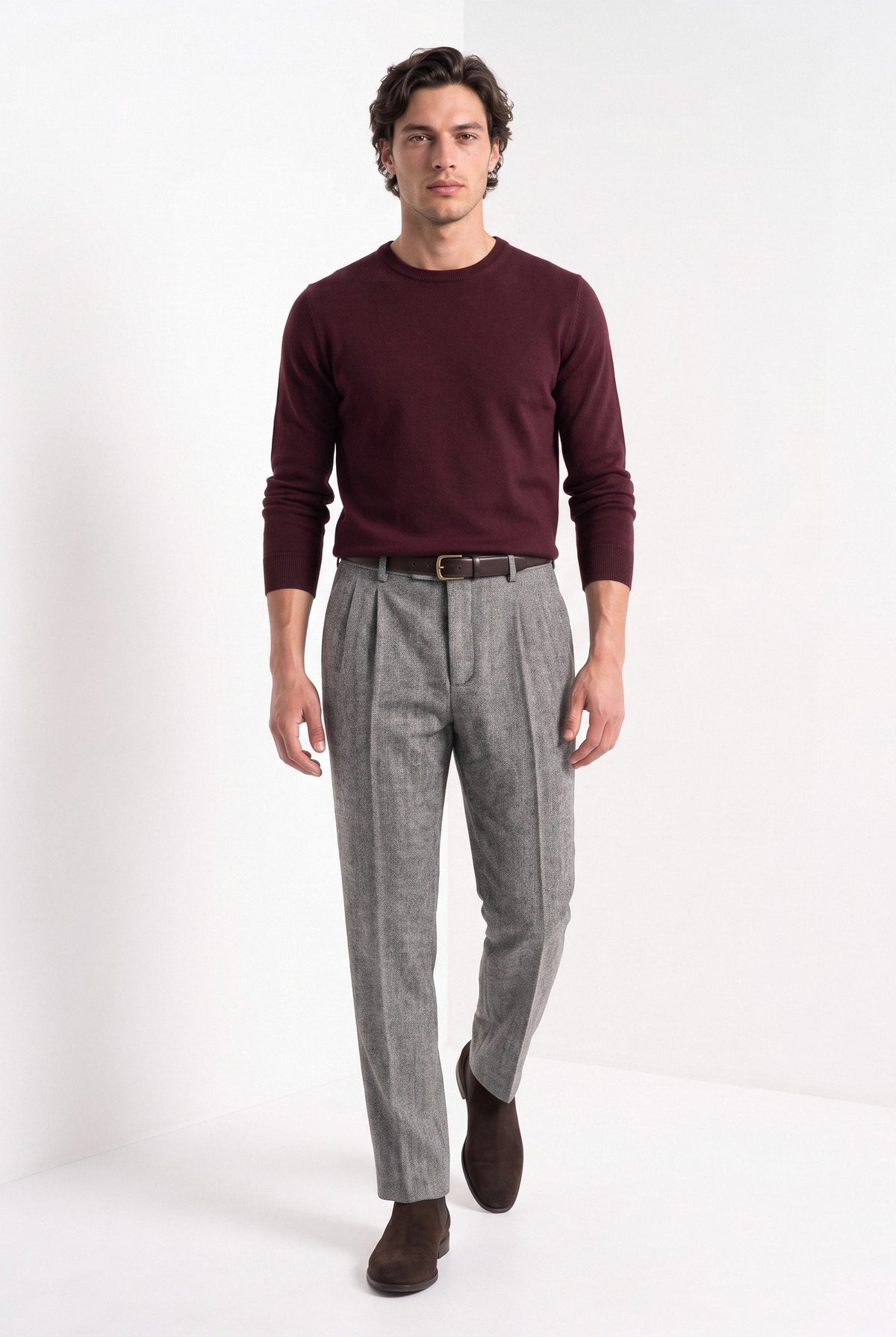 BLENIN men's herringbone wool trousers in grey, full-length look