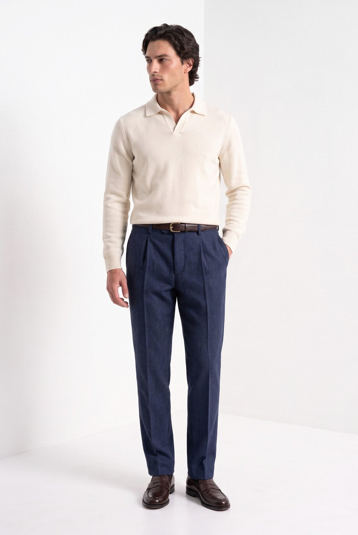 BLENIN men's herringbone wool trousers in navy, full-length look