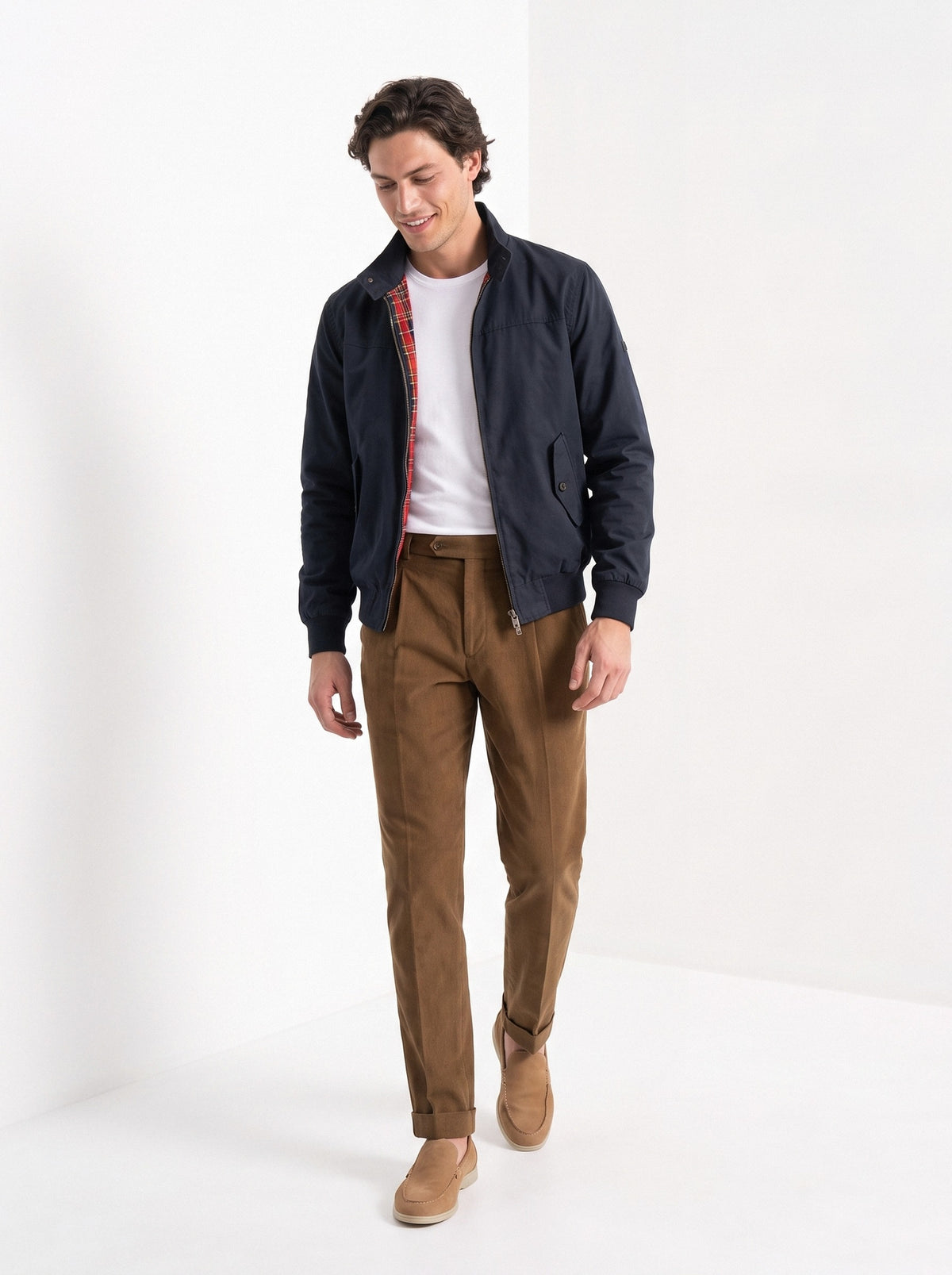 BLENIN men's harrington jacket in navy, full outfit, walking