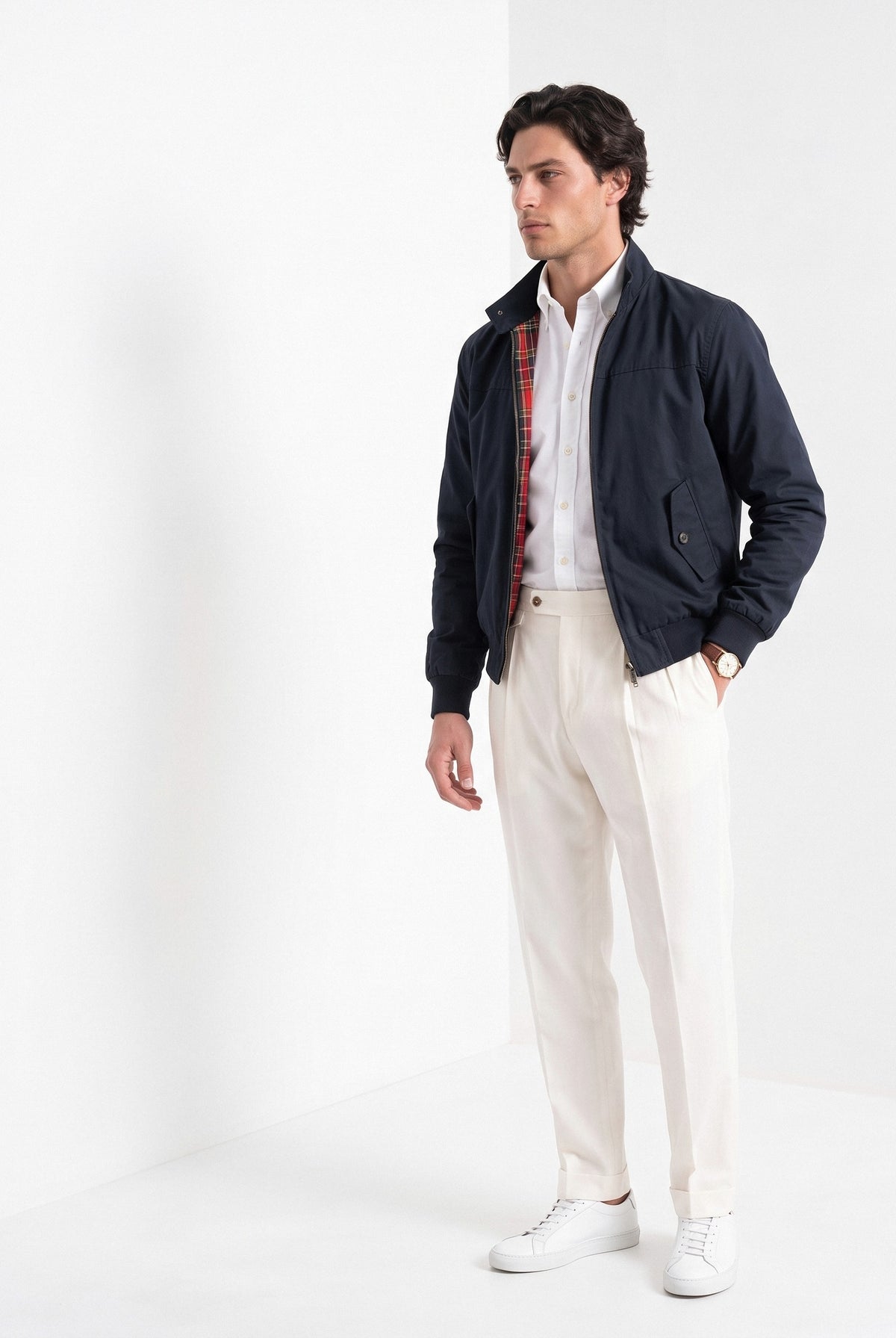 BLENIN men's harrington jacket in navy, three-quarter view