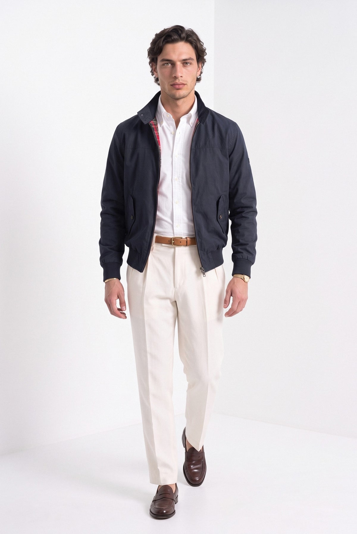 BLENIN men's harrington jacket in navy, full-length look