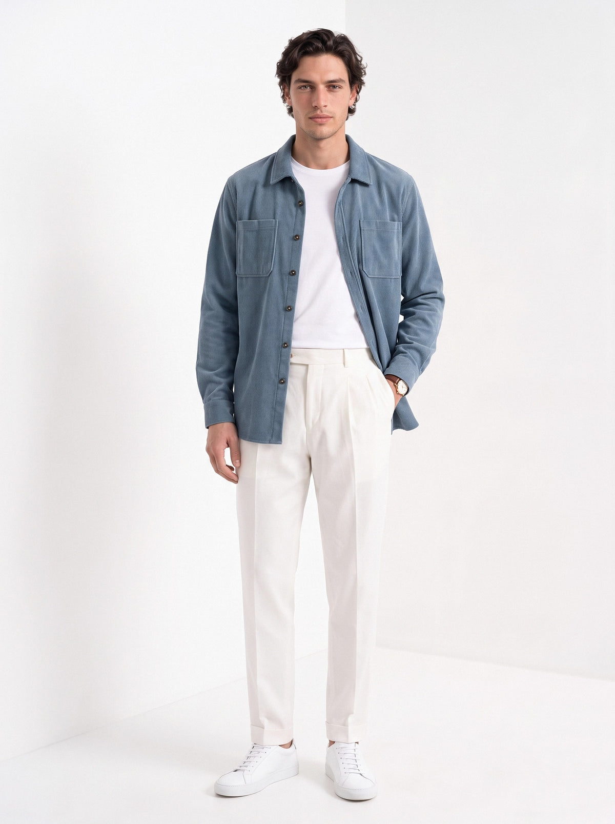 BLENIN men's corduroy overshirt in smoke blue, full-length front view