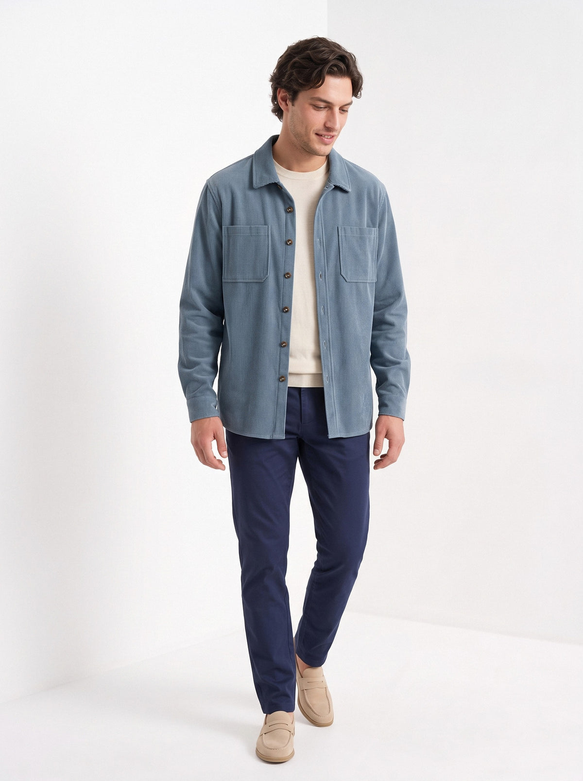BLENIN men's corduroy overshirt in smoke blue, full outfit, walking