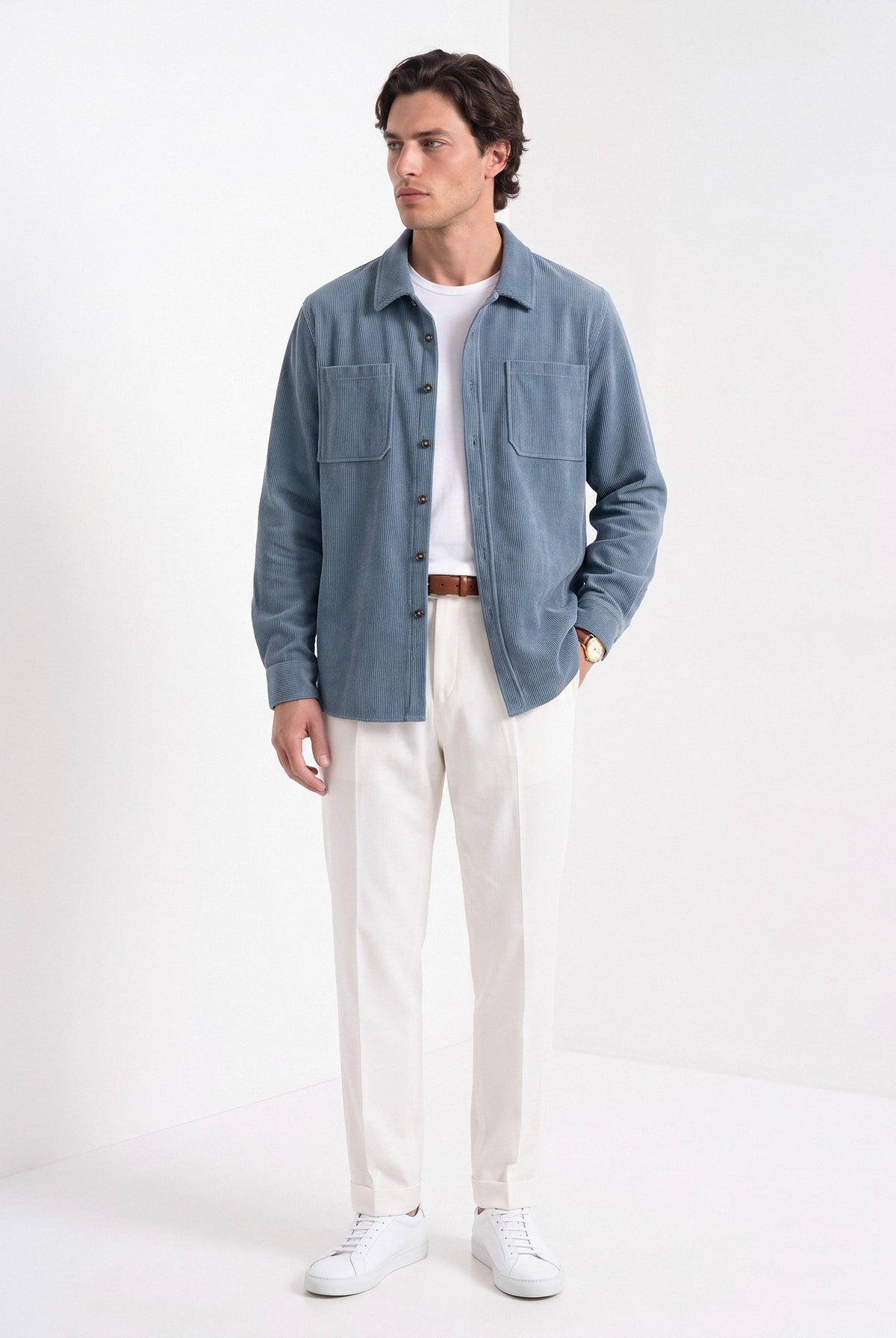 BLENIN men's corduroy overshirt in smoke blue, three-quarter view