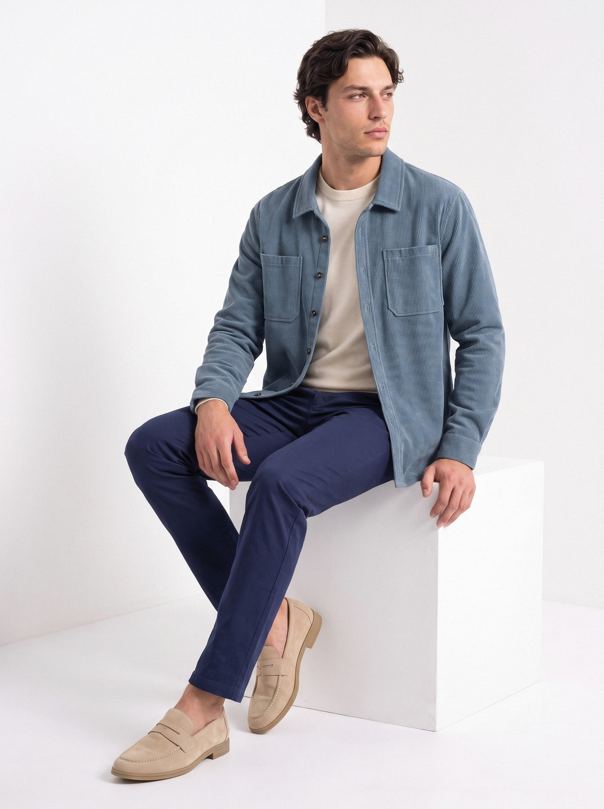 BLENIN men's corduroy overshirt in smoke blue, seated, full outfit