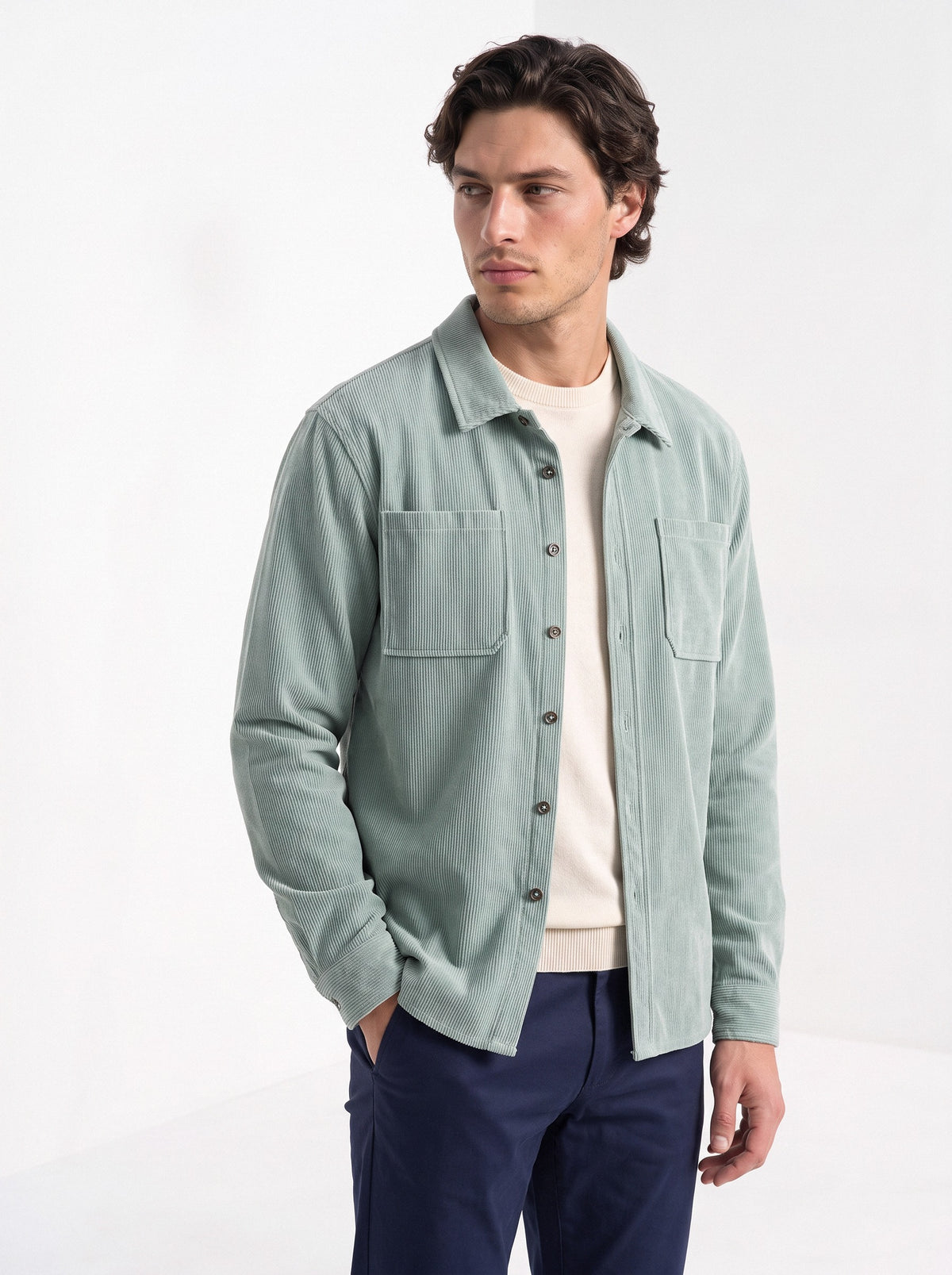 BLENIN men's corduroy overshirt in sage, three-quarter view