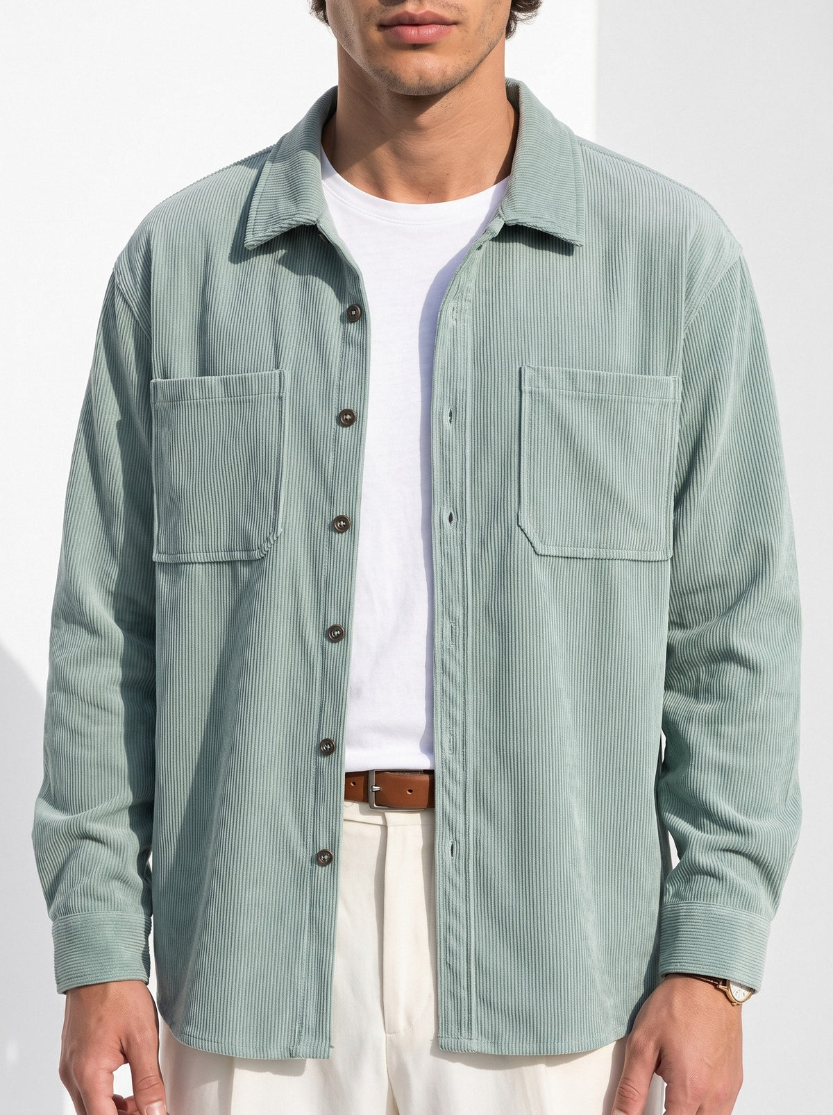 BLENIN men's corduroy overshirt in sage, close-up of the details