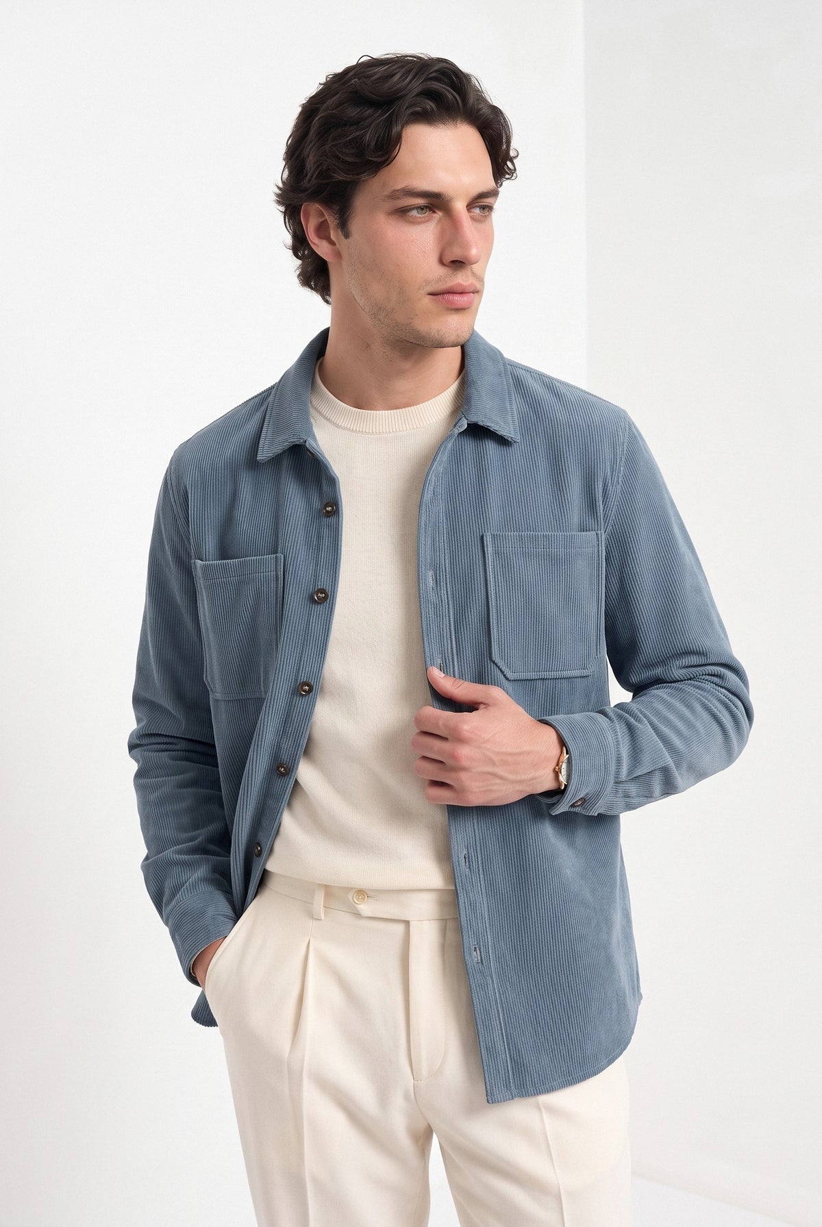 BLENIN men's corduroy overshirt in smoke blue, front portrait