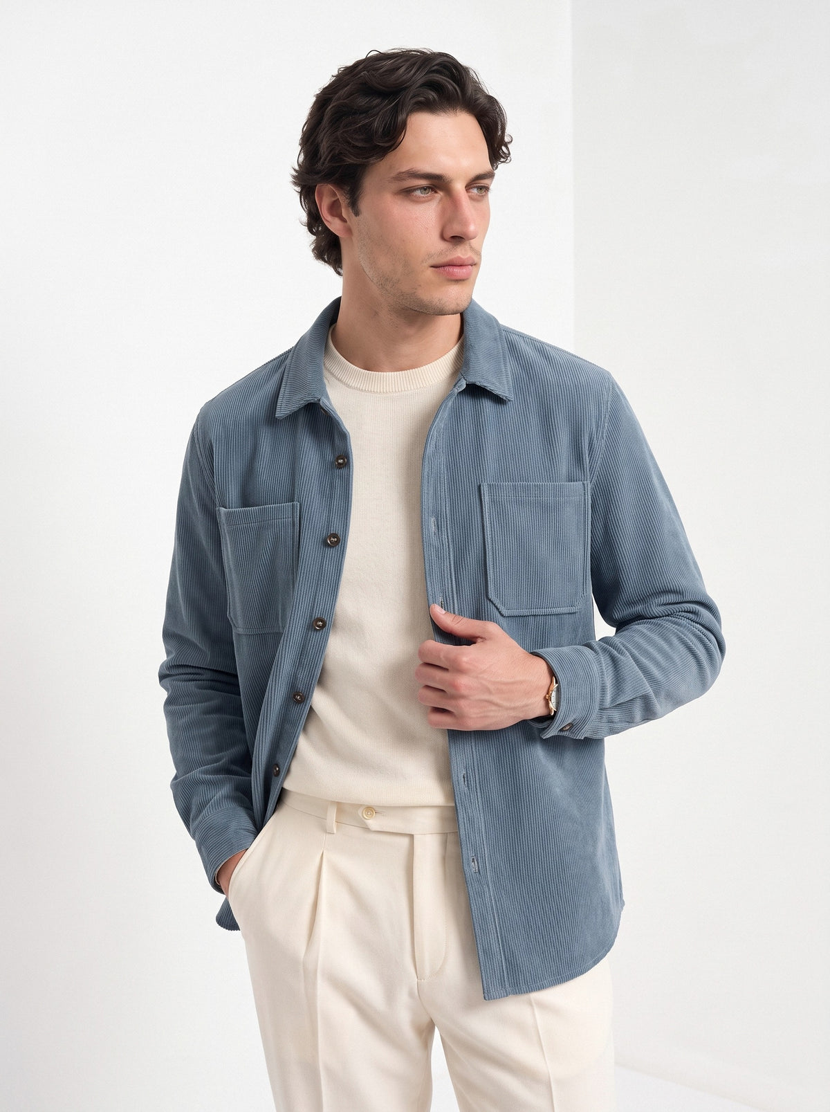 BLENIN men's corduroy overshirt in smoke blue, front portrait