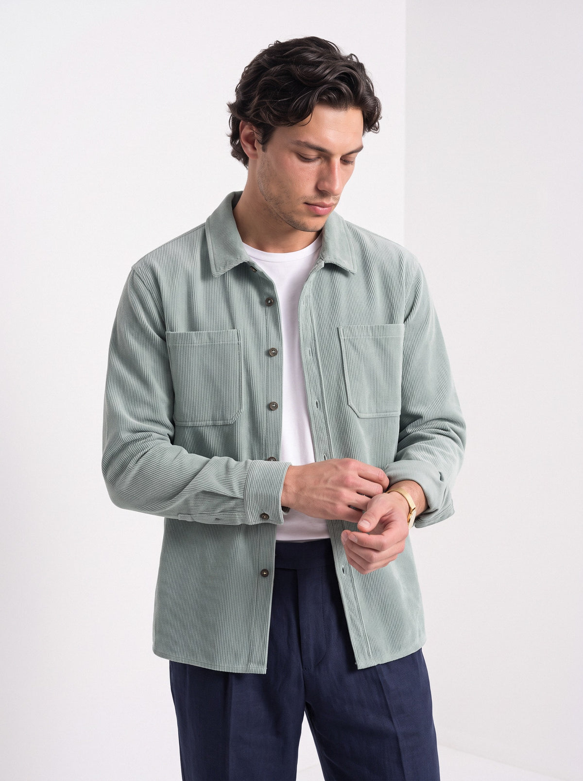BLENIN men's corduroy overshirt in sage, front portrait