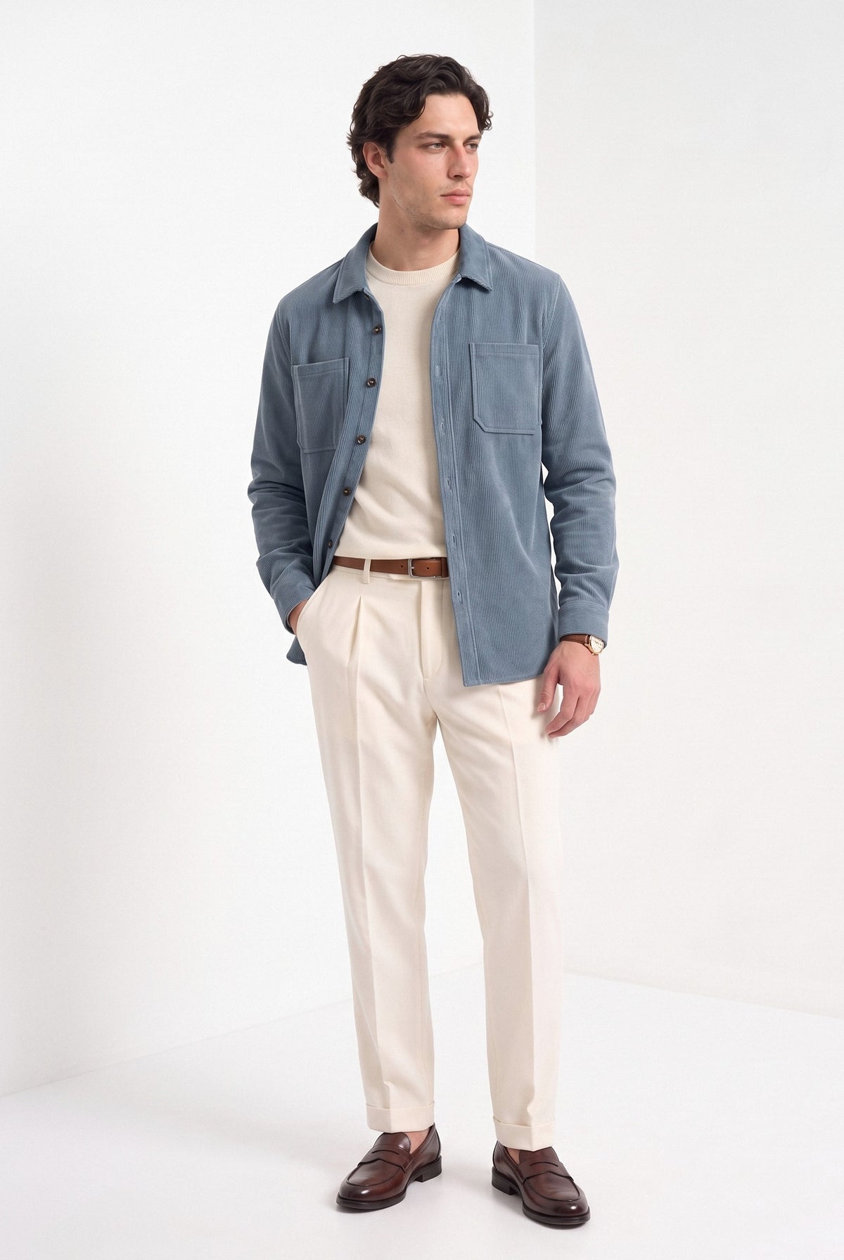 BLENIN men's corduroy overshirt in smoke blue, full-length look