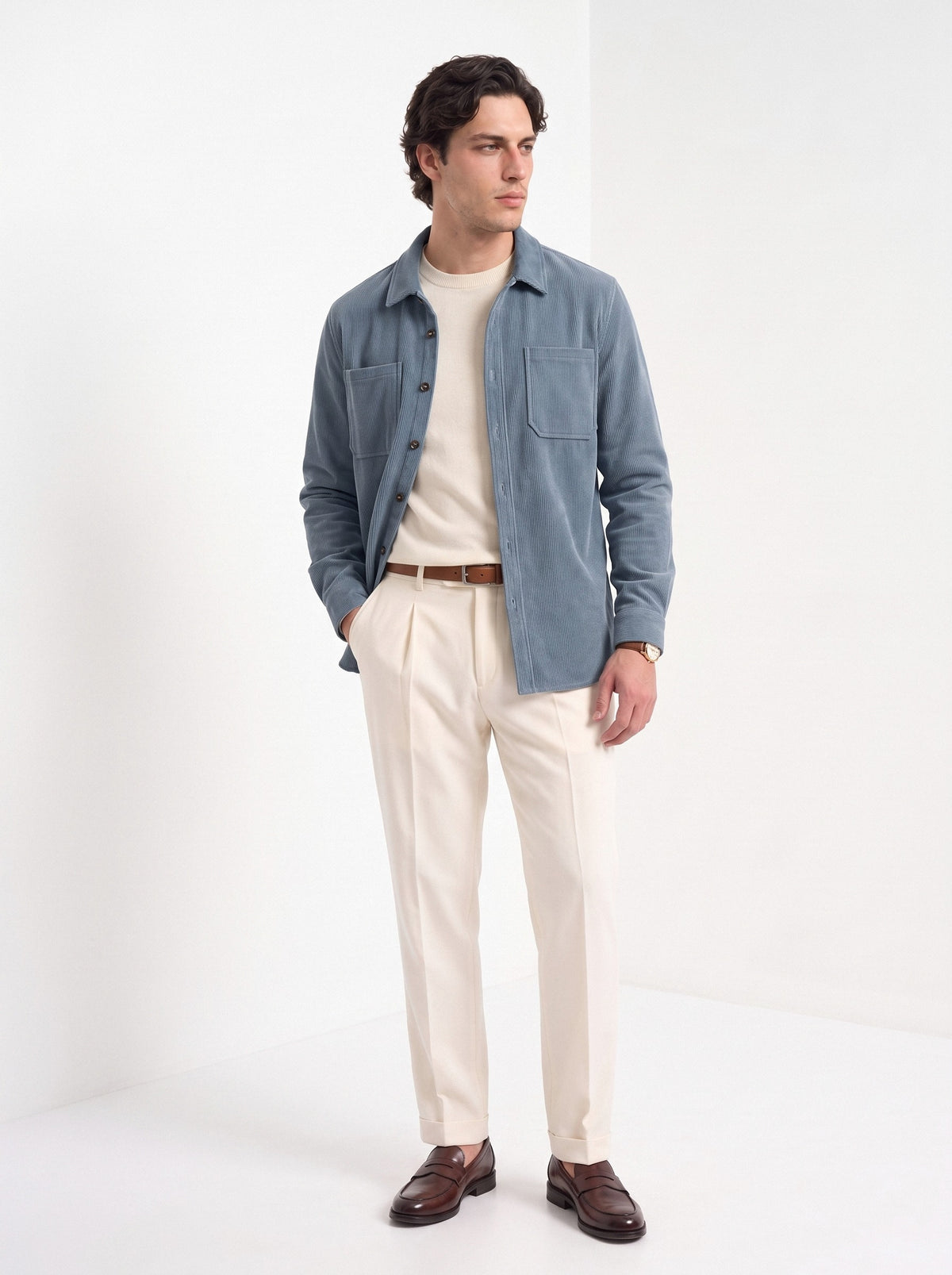 BLENIN men's corduroy overshirt in smoke blue, full-length look