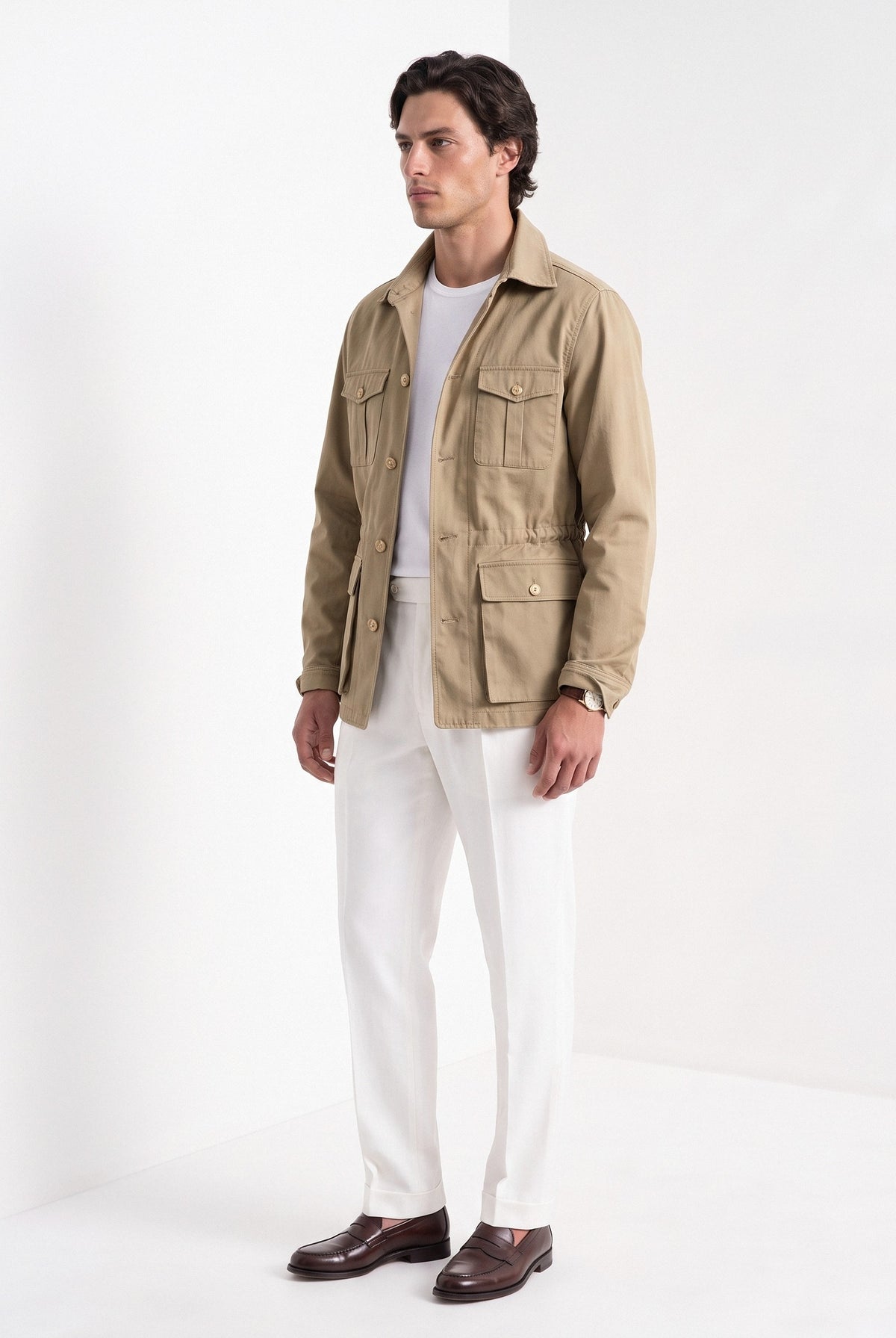 BLENIN men's twill field jacket in khaki, three-quarter view