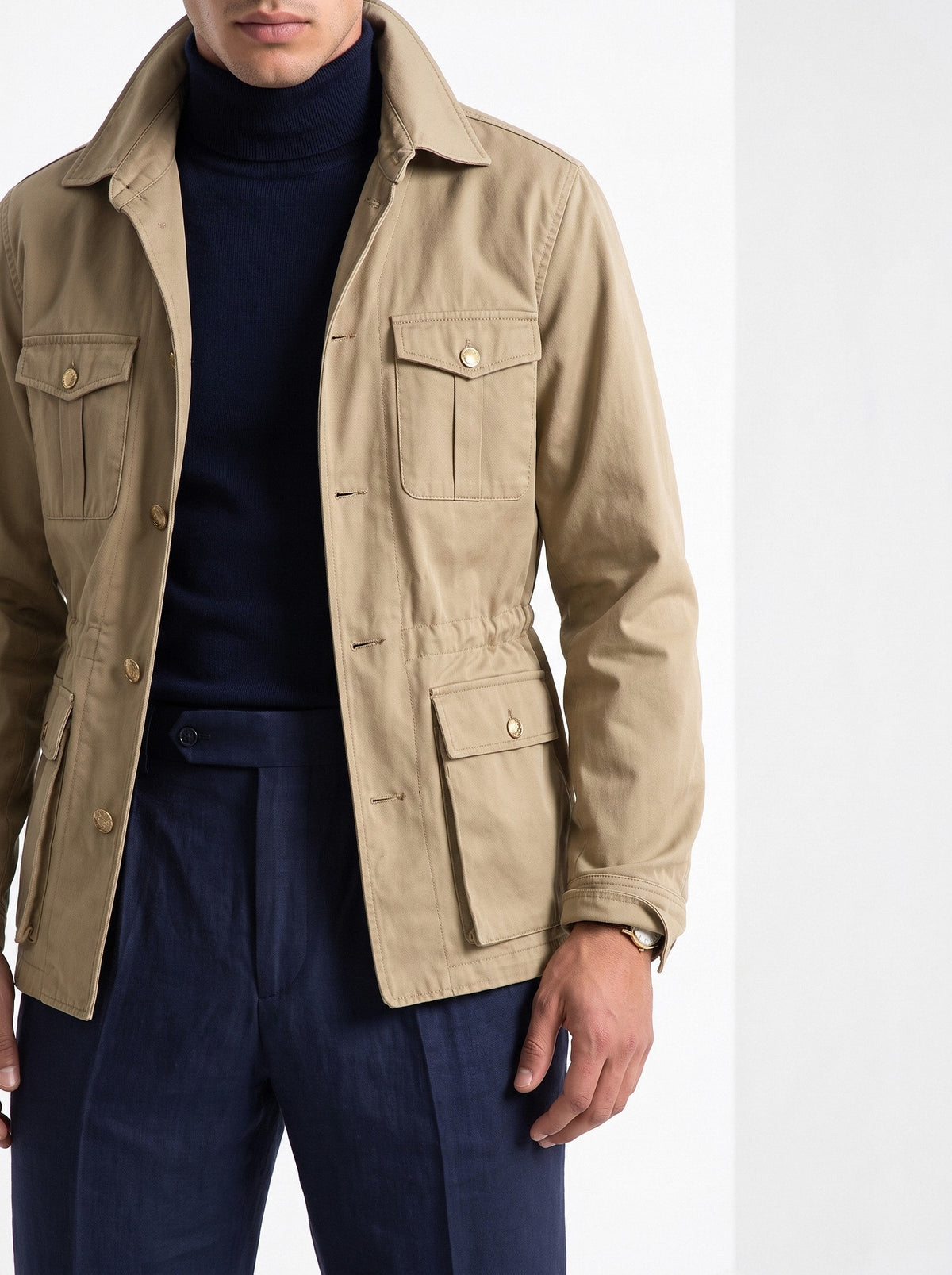 BLENIN men's twill field jacket in khaki, fit detail
