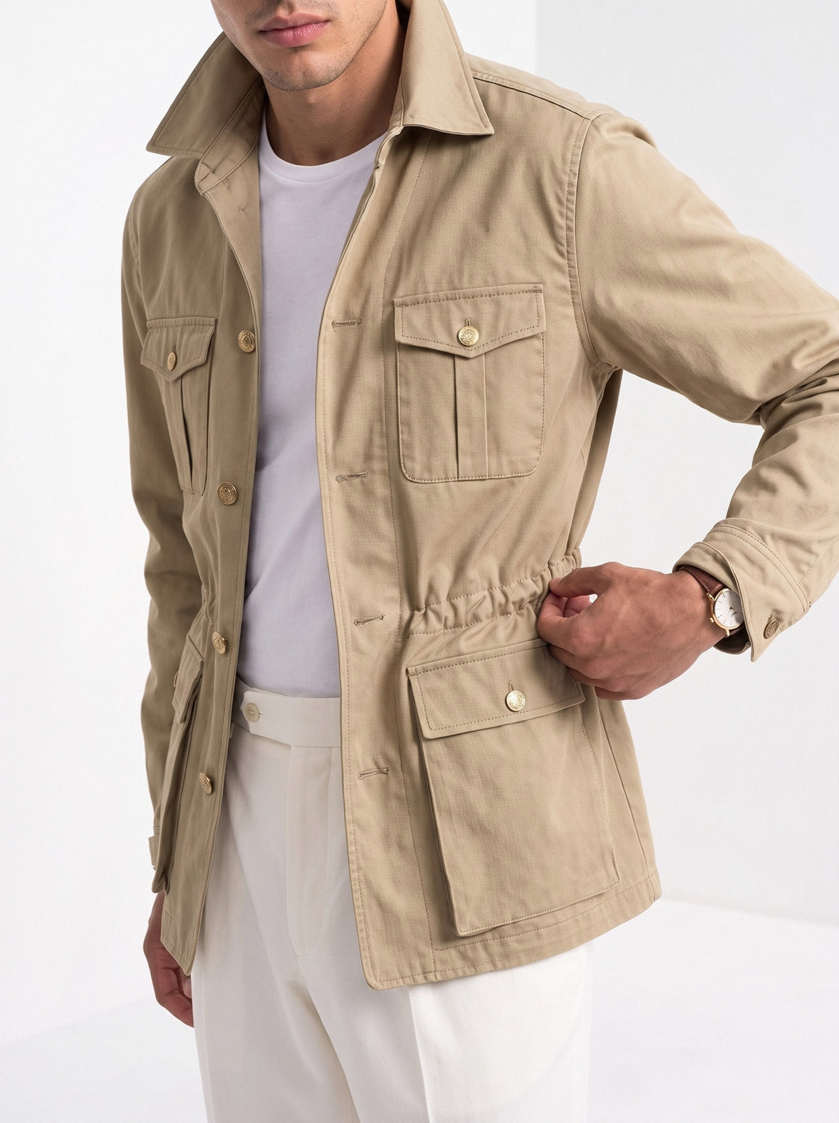 BLENIN men's twill field jacket in khaki, styled detail