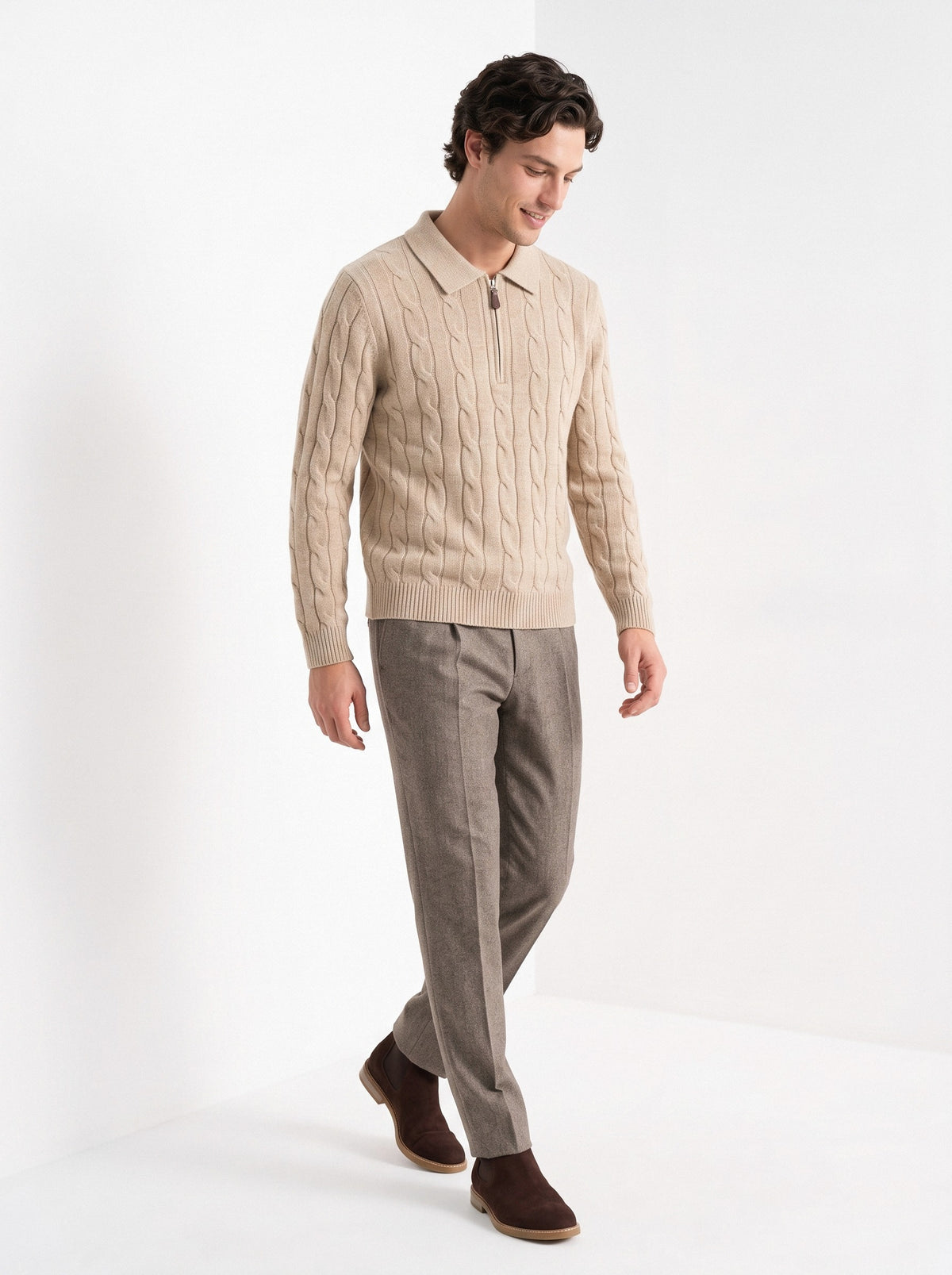 BLENIN men's cable knit zip polo in camel, full outfit, walking