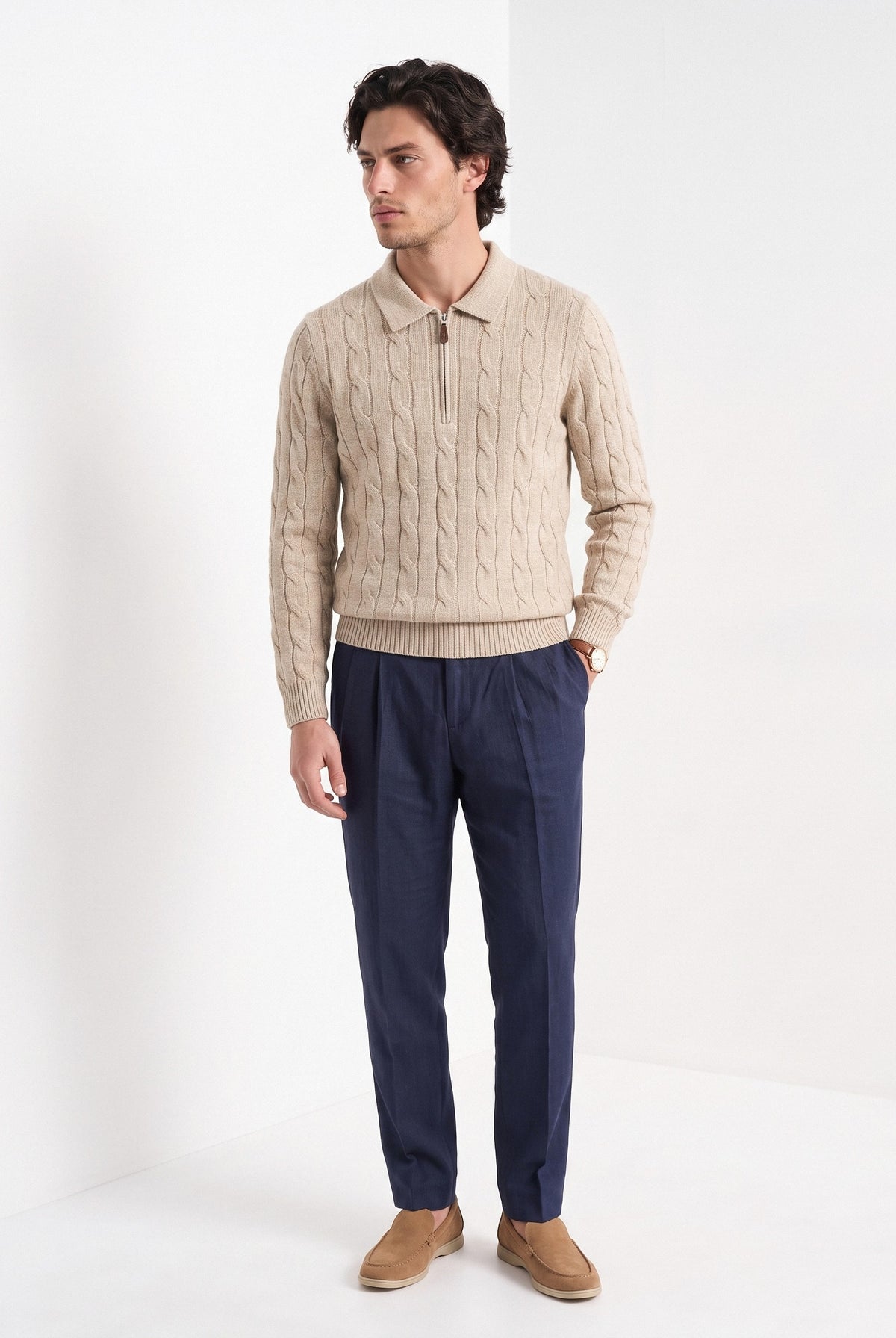 BLENIN men's cable knit zip polo in camel, three-quarter view