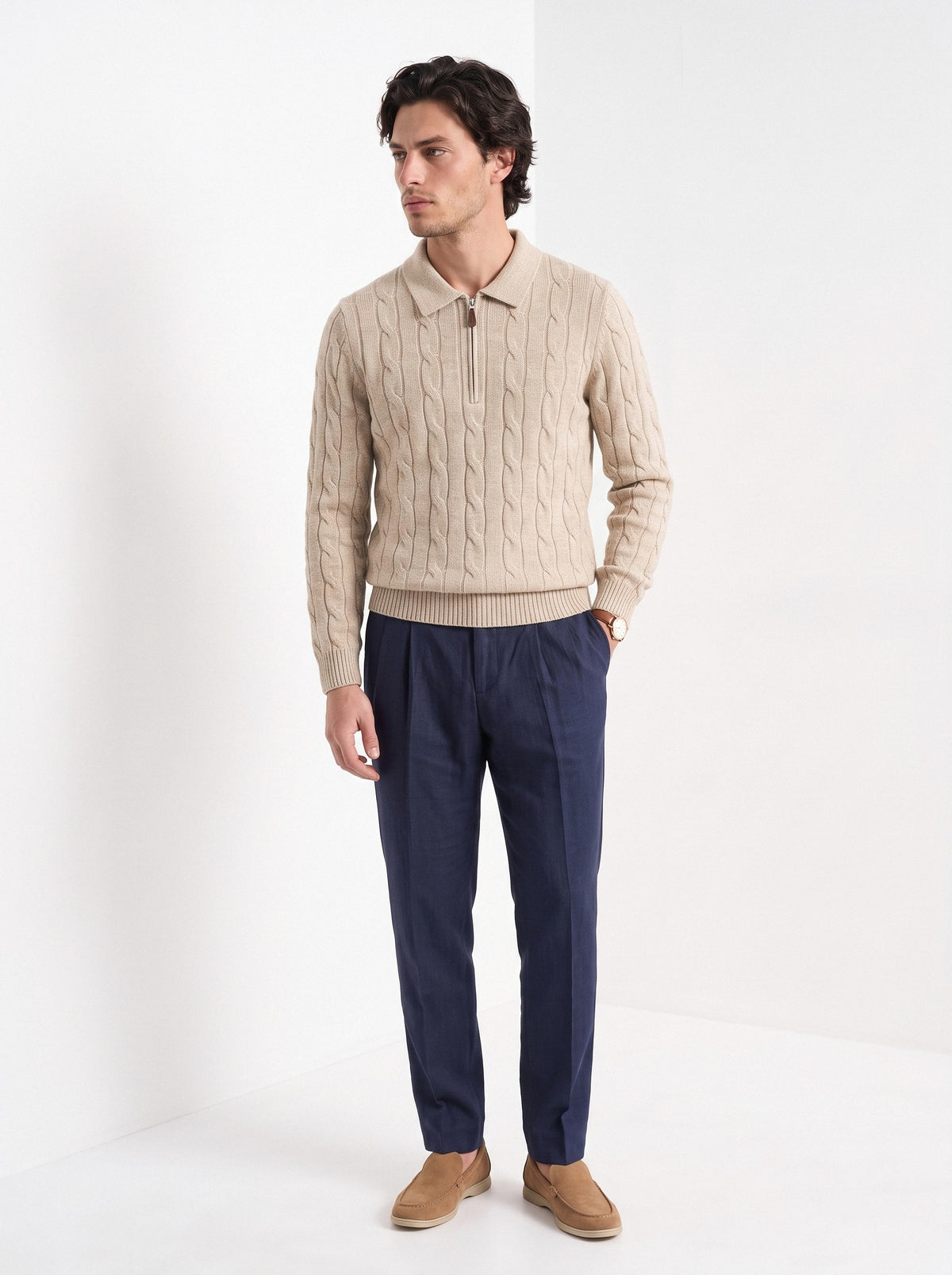 BLENIN men's cable knit zip polo in camel, three-quarter view