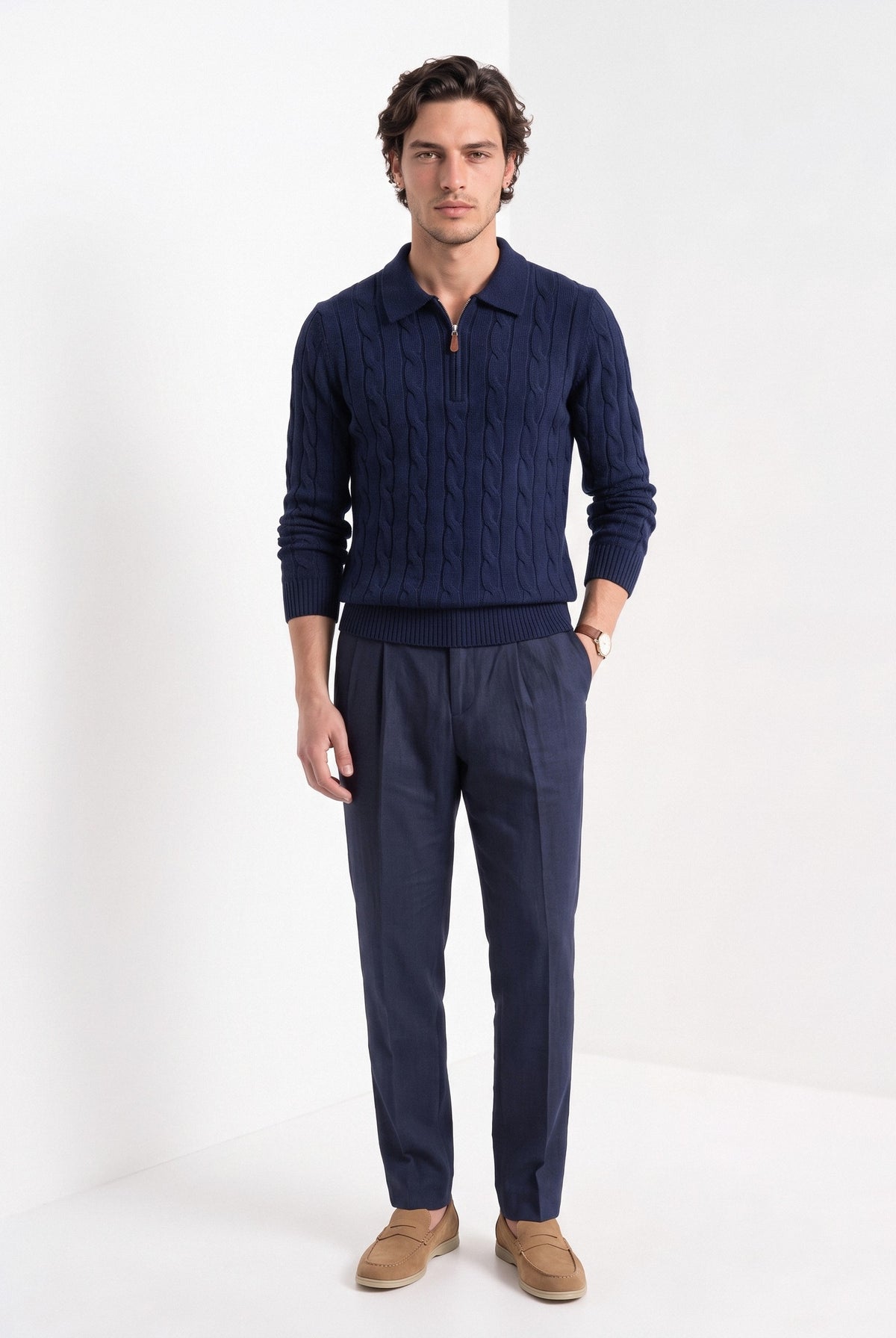 BLENIN men's cable knit zip polo in navy, full-length front view