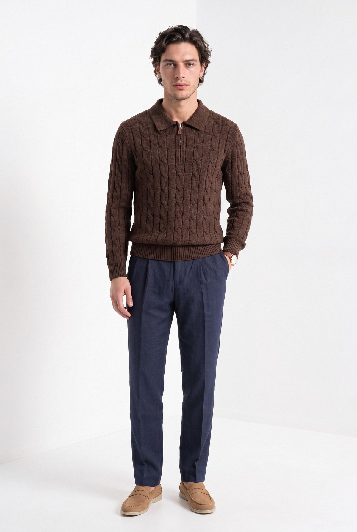 BLENIN men's cable knit zip polo in brown, full-length front view
