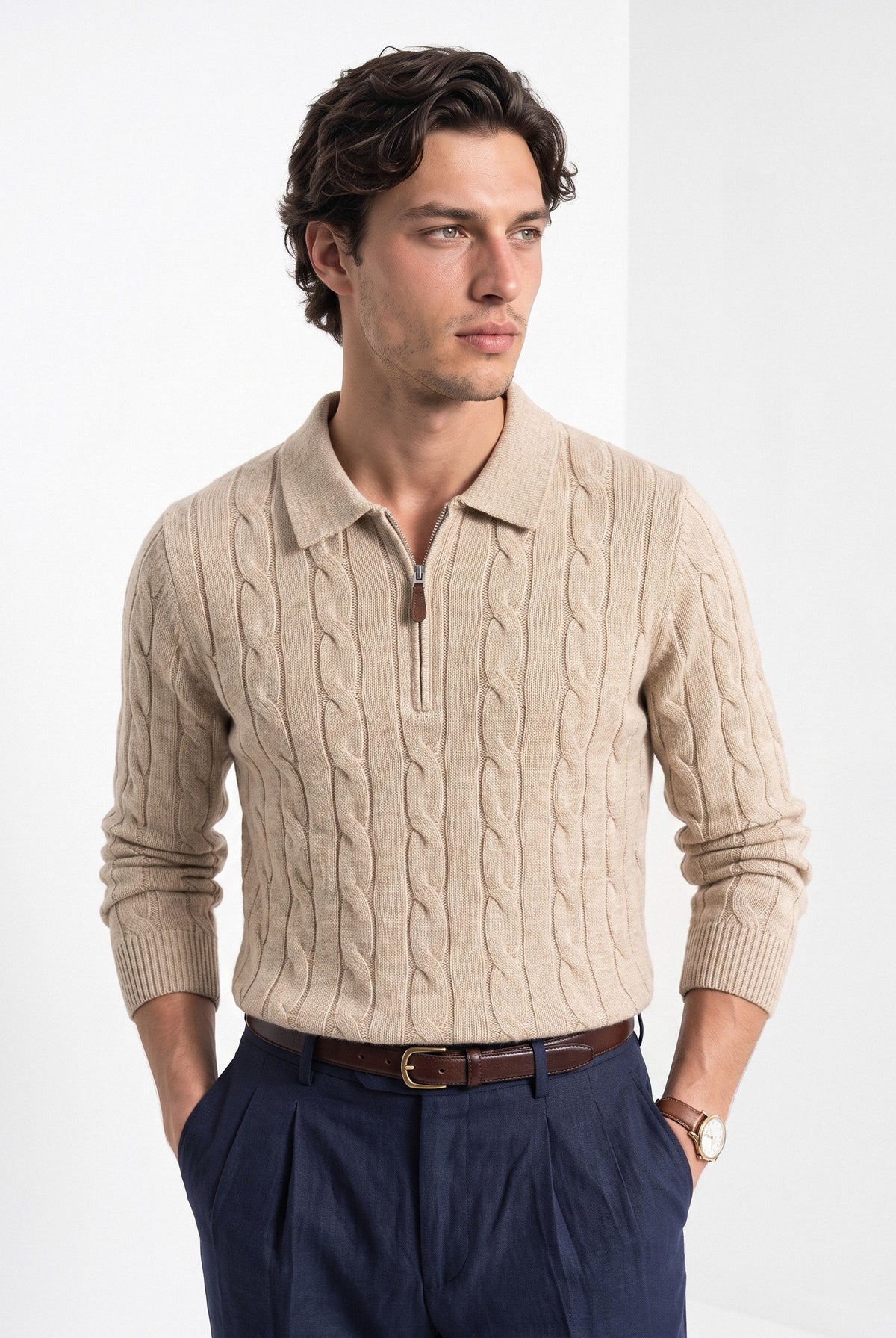 BLENIN men's cable knit zip polo in camel, front portrait