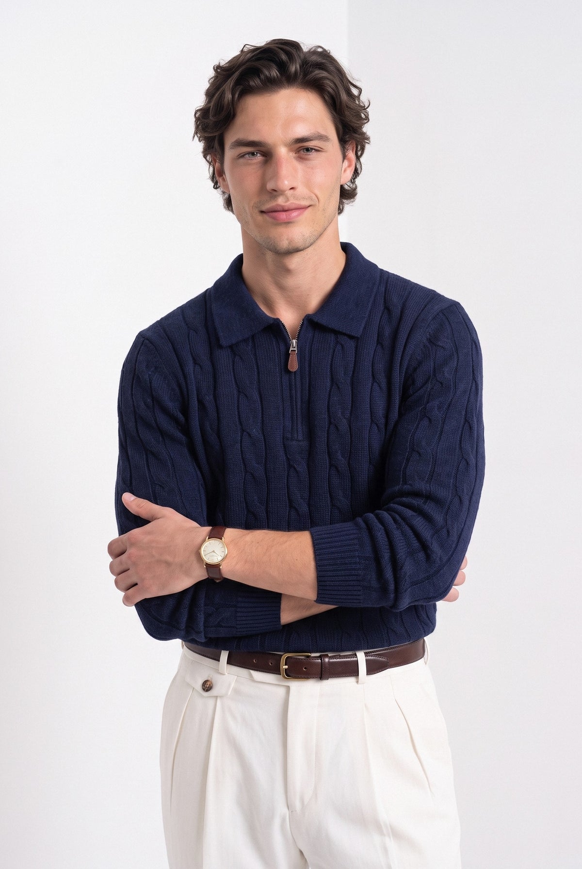BLENIN men's cable knit zip polo in navy, front portrait