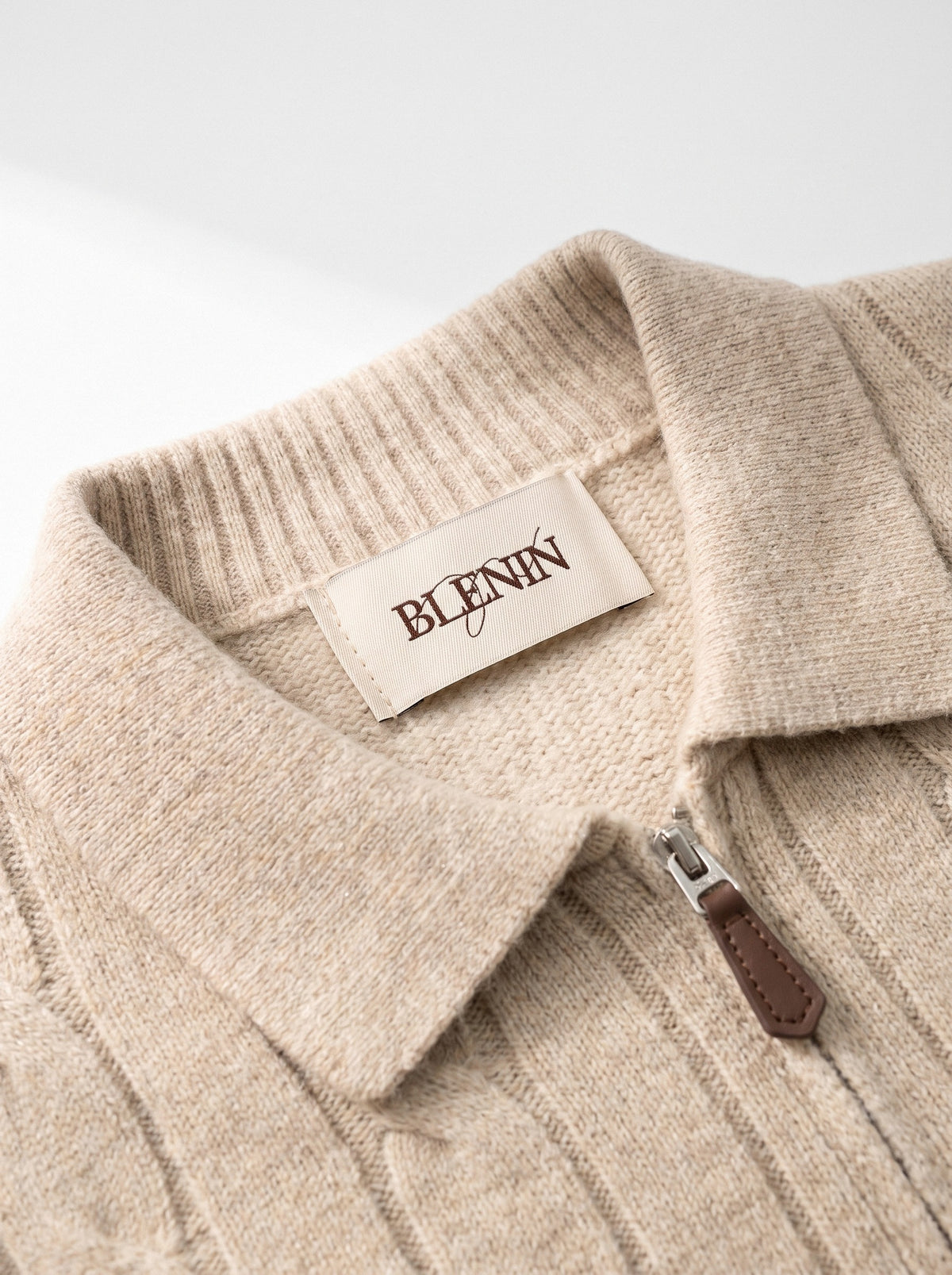 BLENIN cable knit zip polo, woven BLENIN label