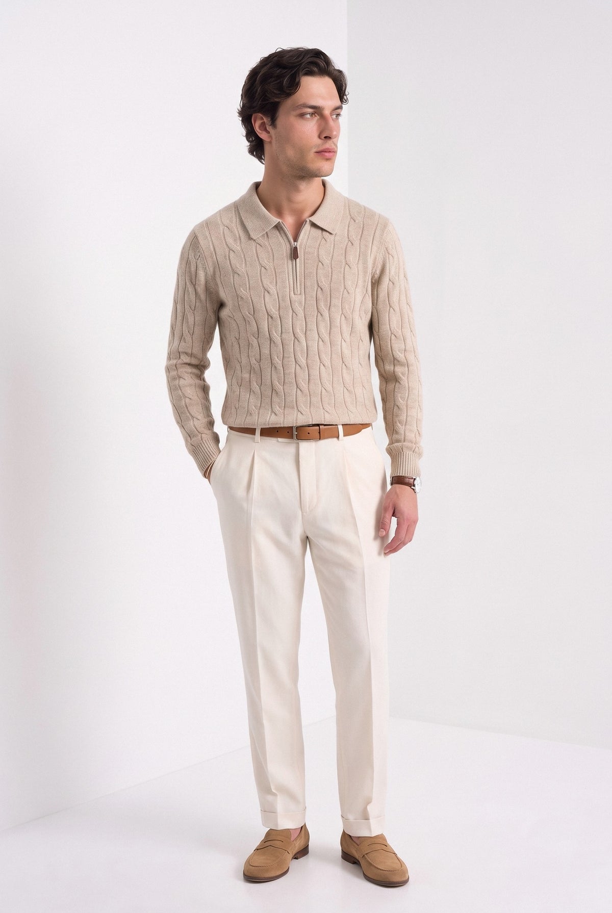 BLENIN men's cable knit zip polo in camel, full-length look