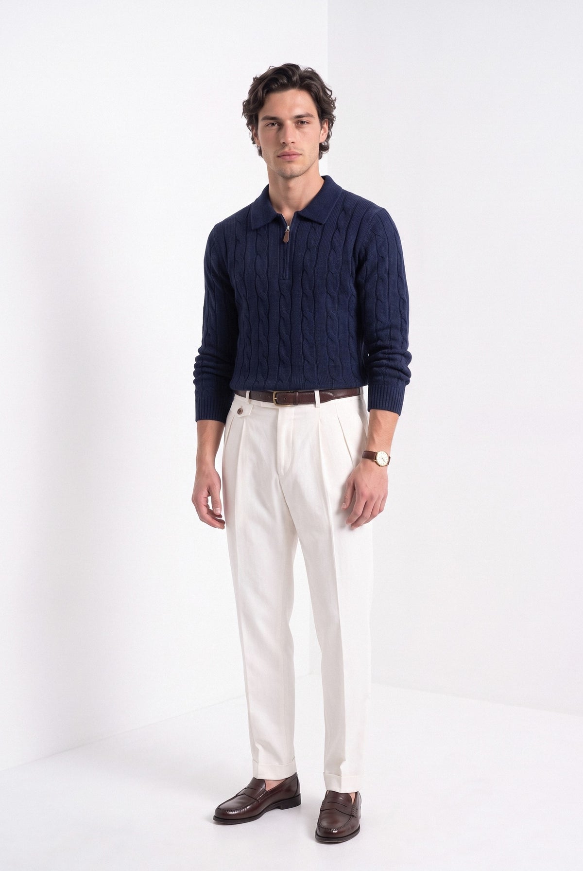BLENIN men's cable knit zip polo in navy, full-length look