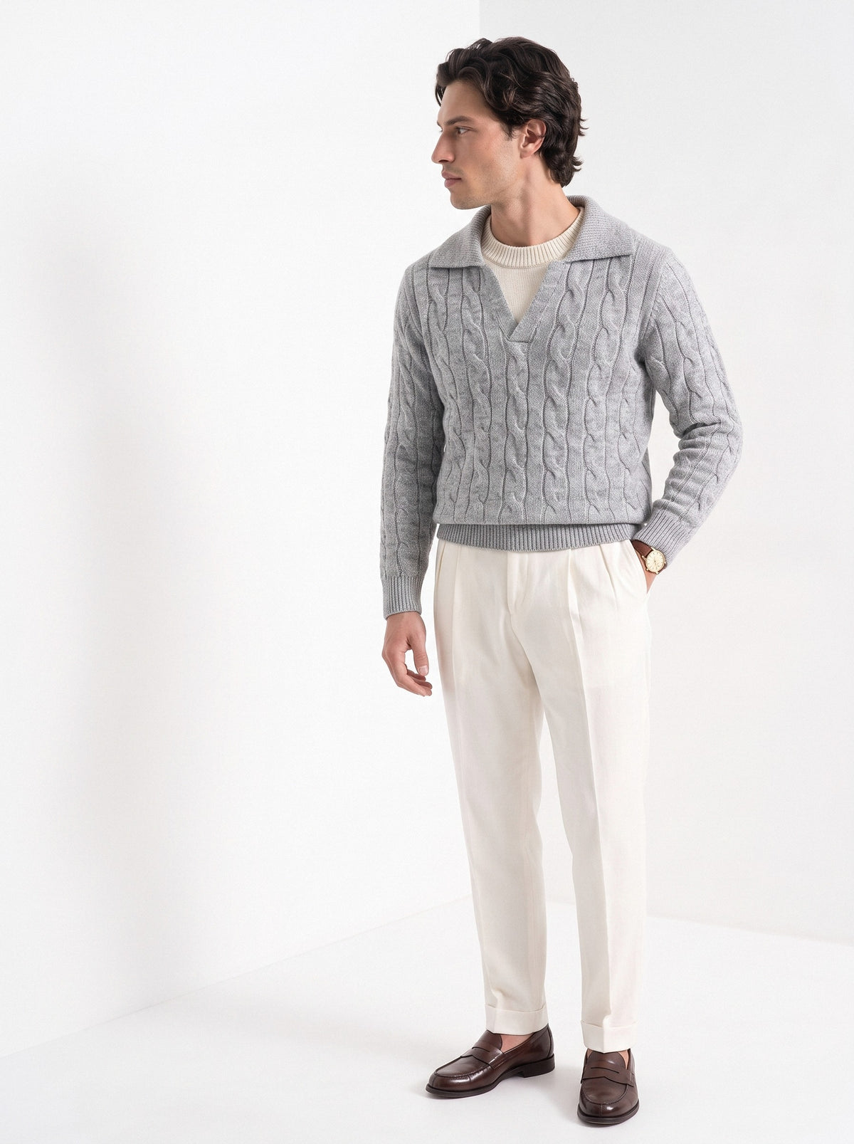 BLENIN men's layered collar cable sweater in light grey, three-quarter view