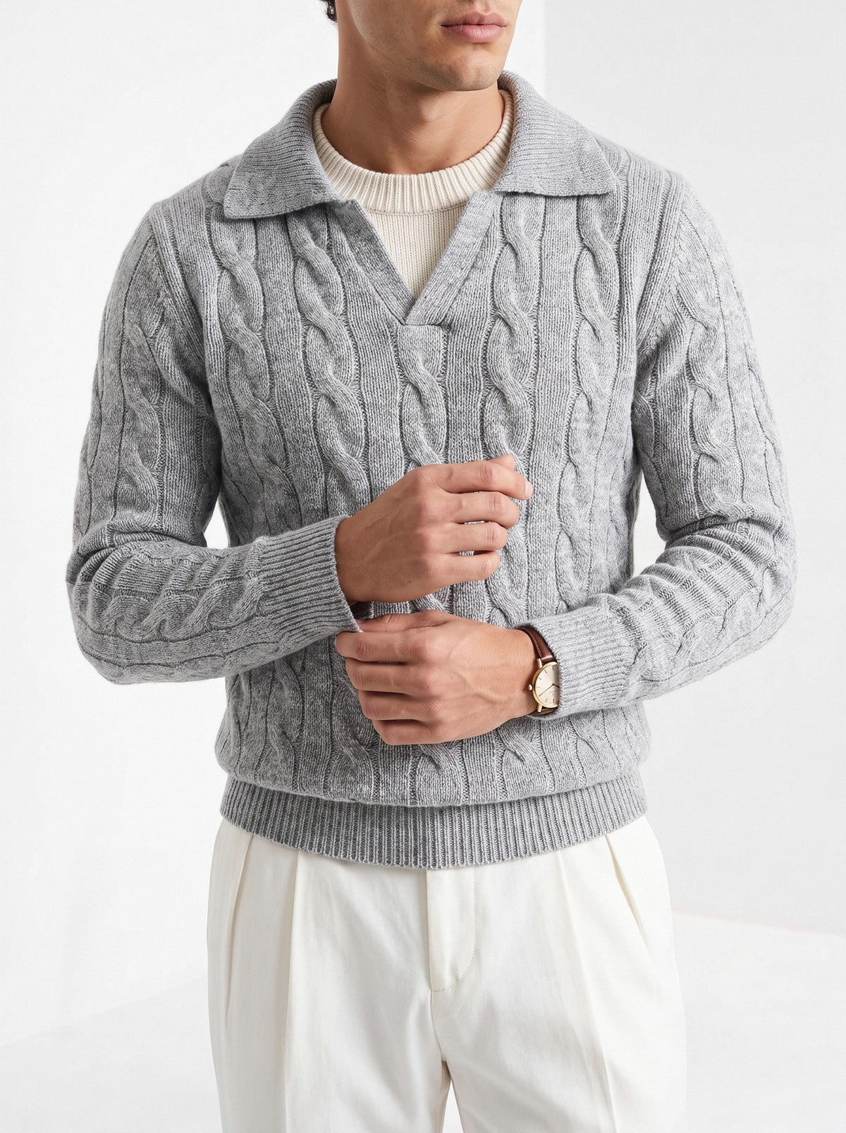 BLENIN men's layered collar cable sweater in light grey, styled detail
