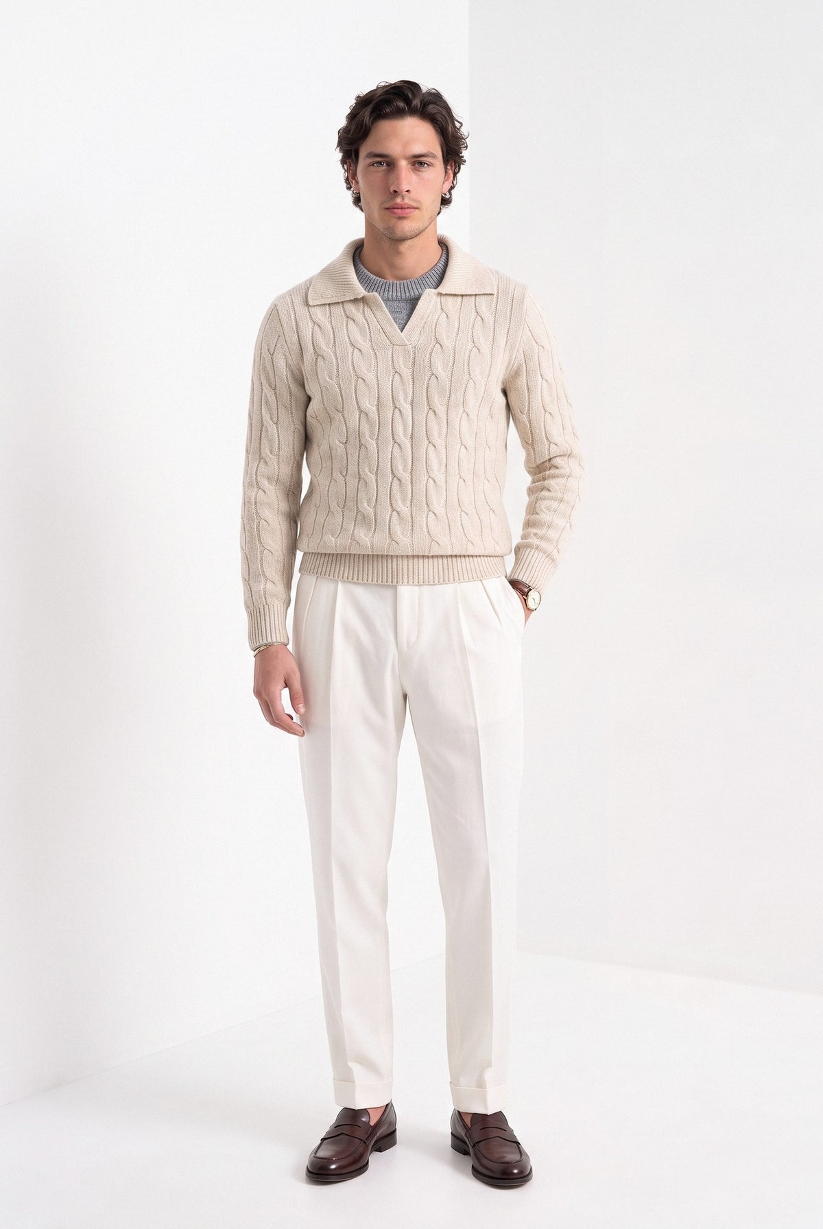 BLENIN men's layered collar cable sweater in beige, full-length front view